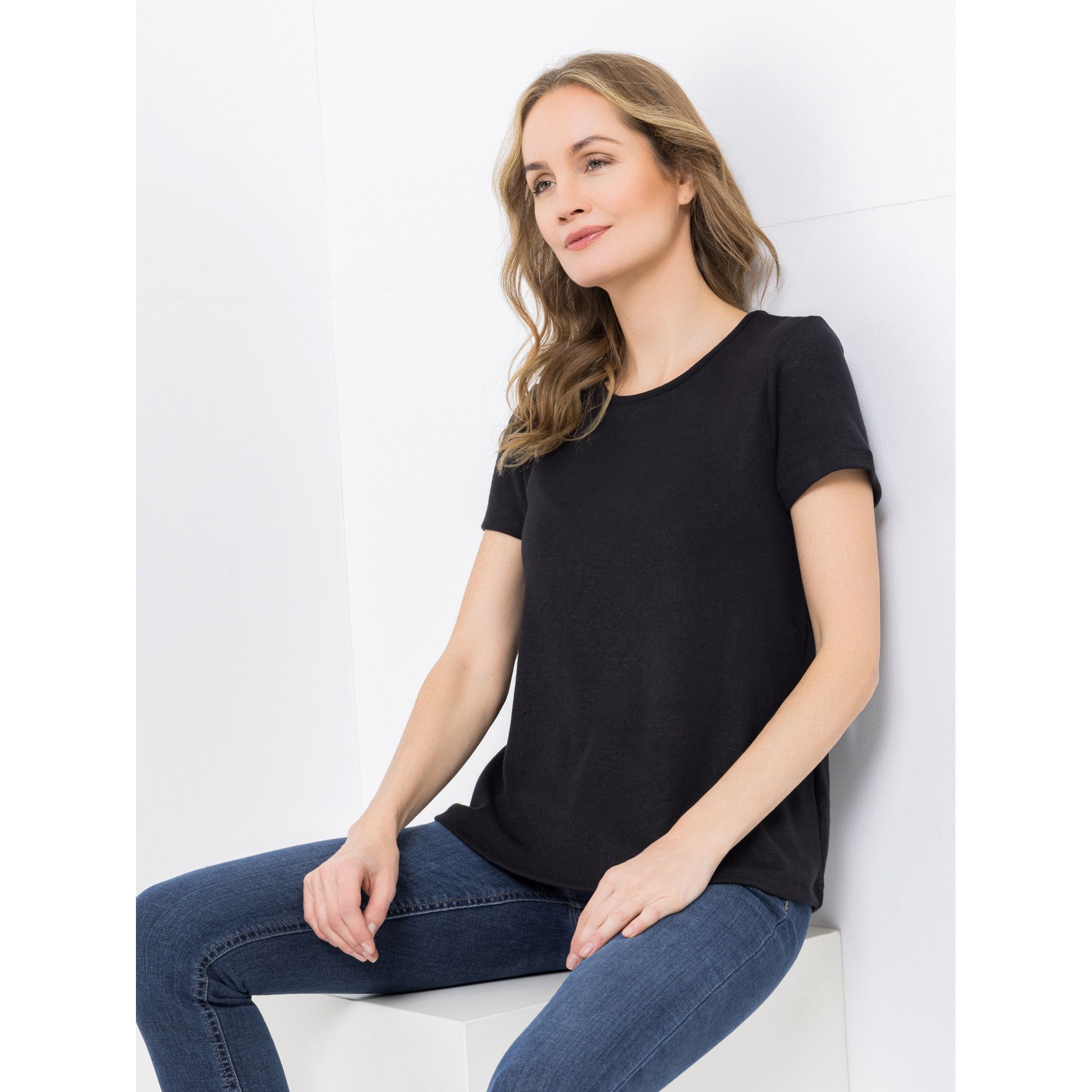 KIM & CO. Shirt, kurzer 1/2-Arm Feinstrick-Optik Rundhalsausschnitt figurumspielend