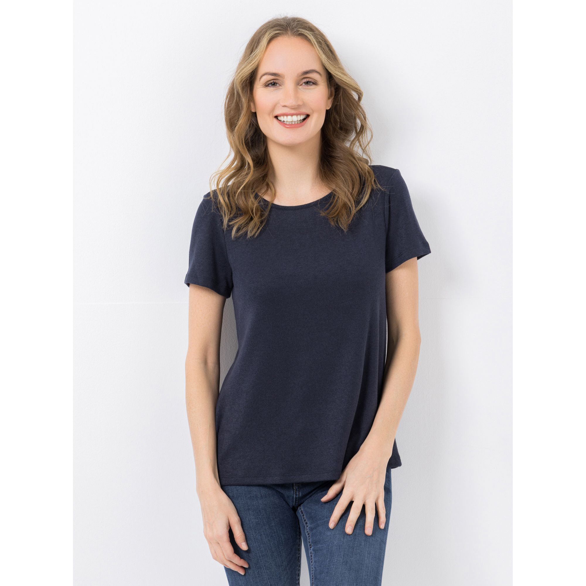 KIM & CO. Shirt, kurzer 1/2-Arm Feinstrick-Optik Rundhalsausschnitt figurumspielend