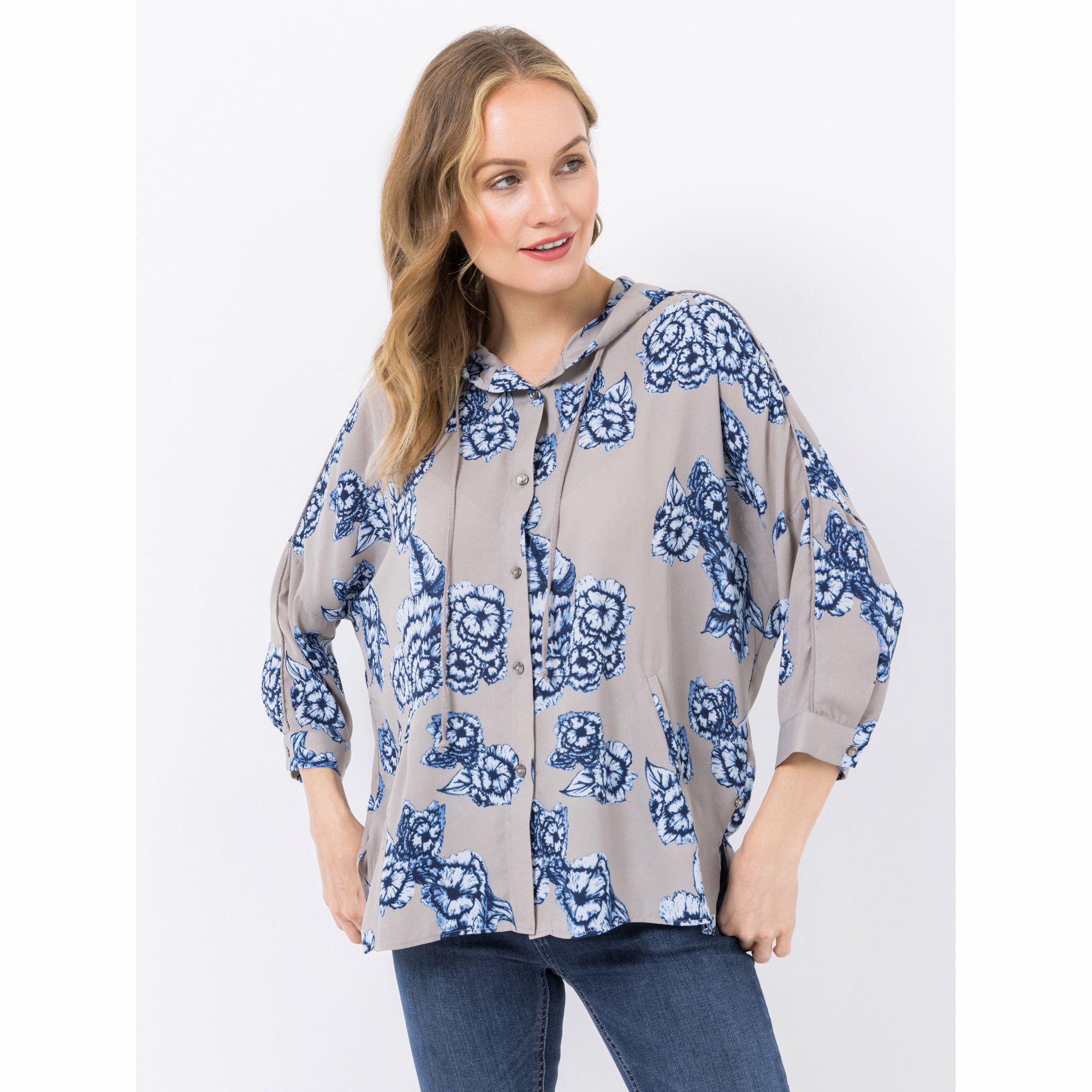 DINE 'N' DANCE Bluse, 3/4-Arm Kapuze Knopfleiste weite Form