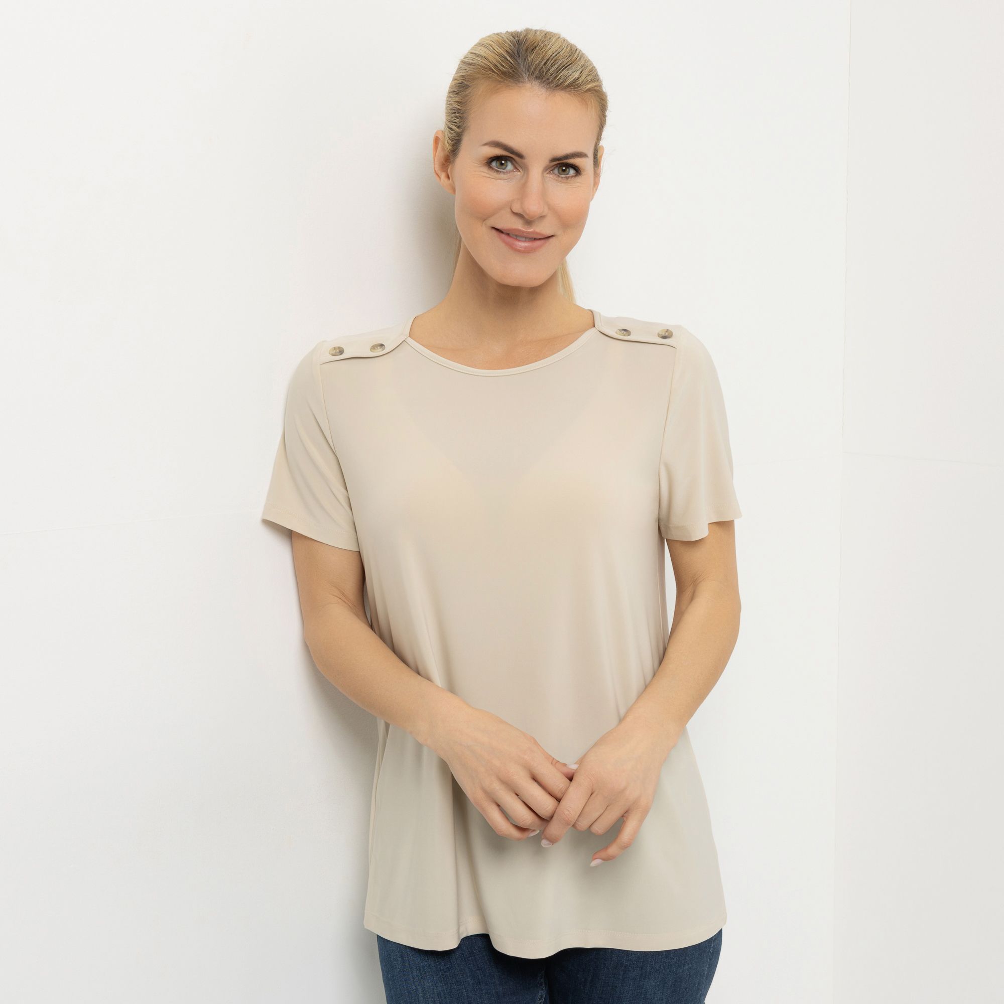 KIM & CO. Shirt, 1/2-Arm Deluxe Brazil Knit Zier-Knöpfe figurumspielend