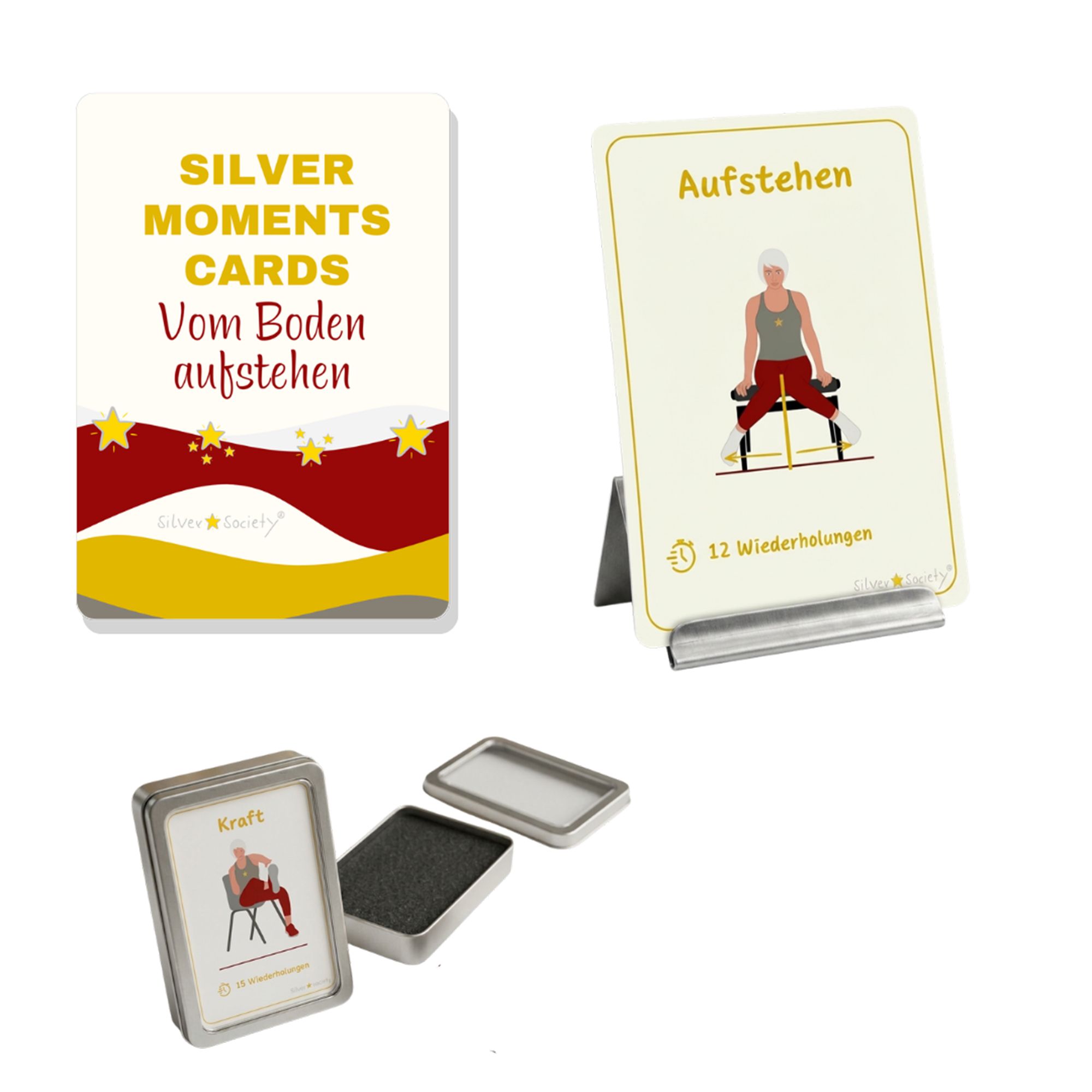 SILVER STAR SOCIETY® Vom Boden aufstehen Übungskarten Set inkl. Kartenhalter Aufbewahrungsbox