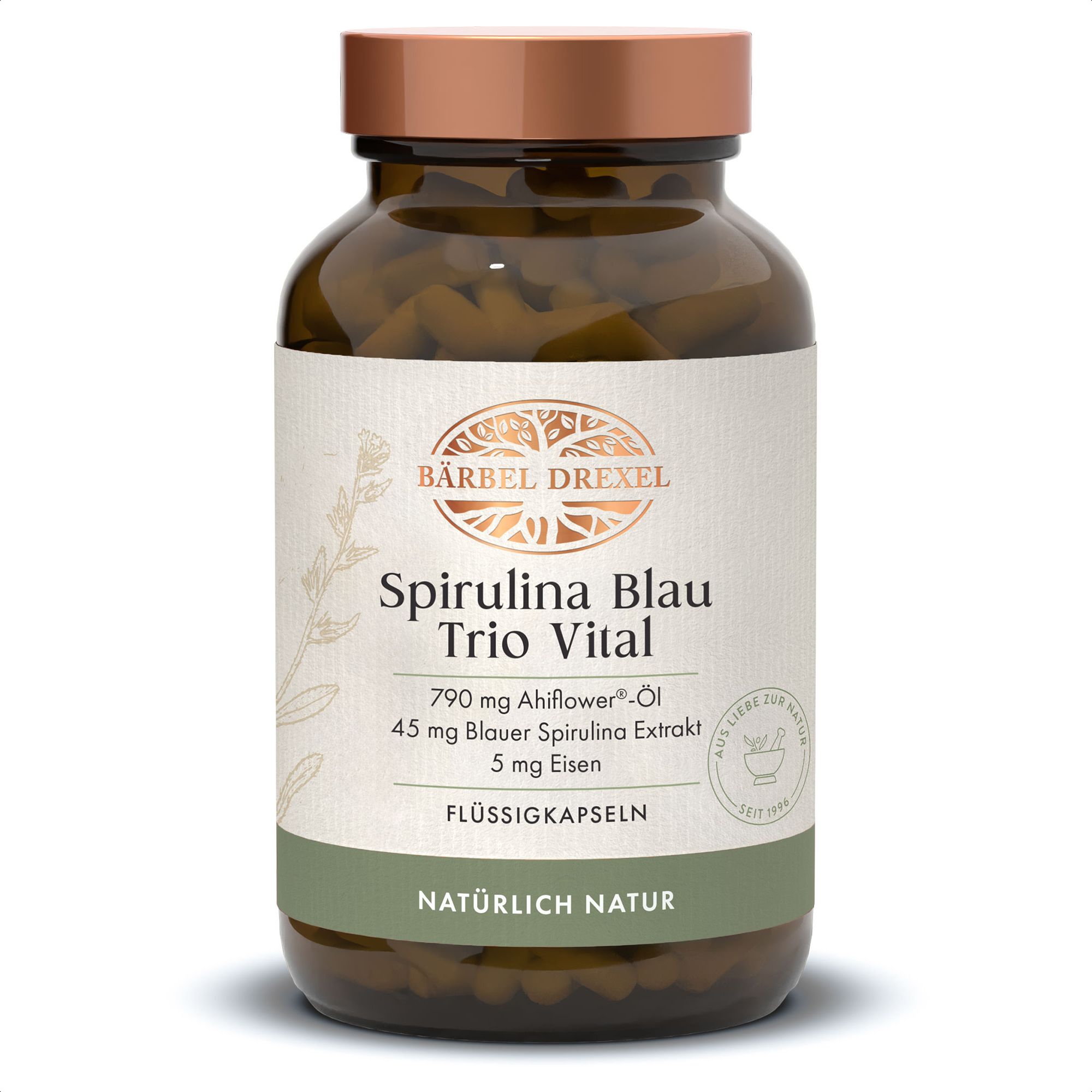 BÄRBEL DREXEL Spirulina Blau Trio Vital Flüssigkapseln mit Eisen & Vitamin E 120 Stück f. 120 Tage