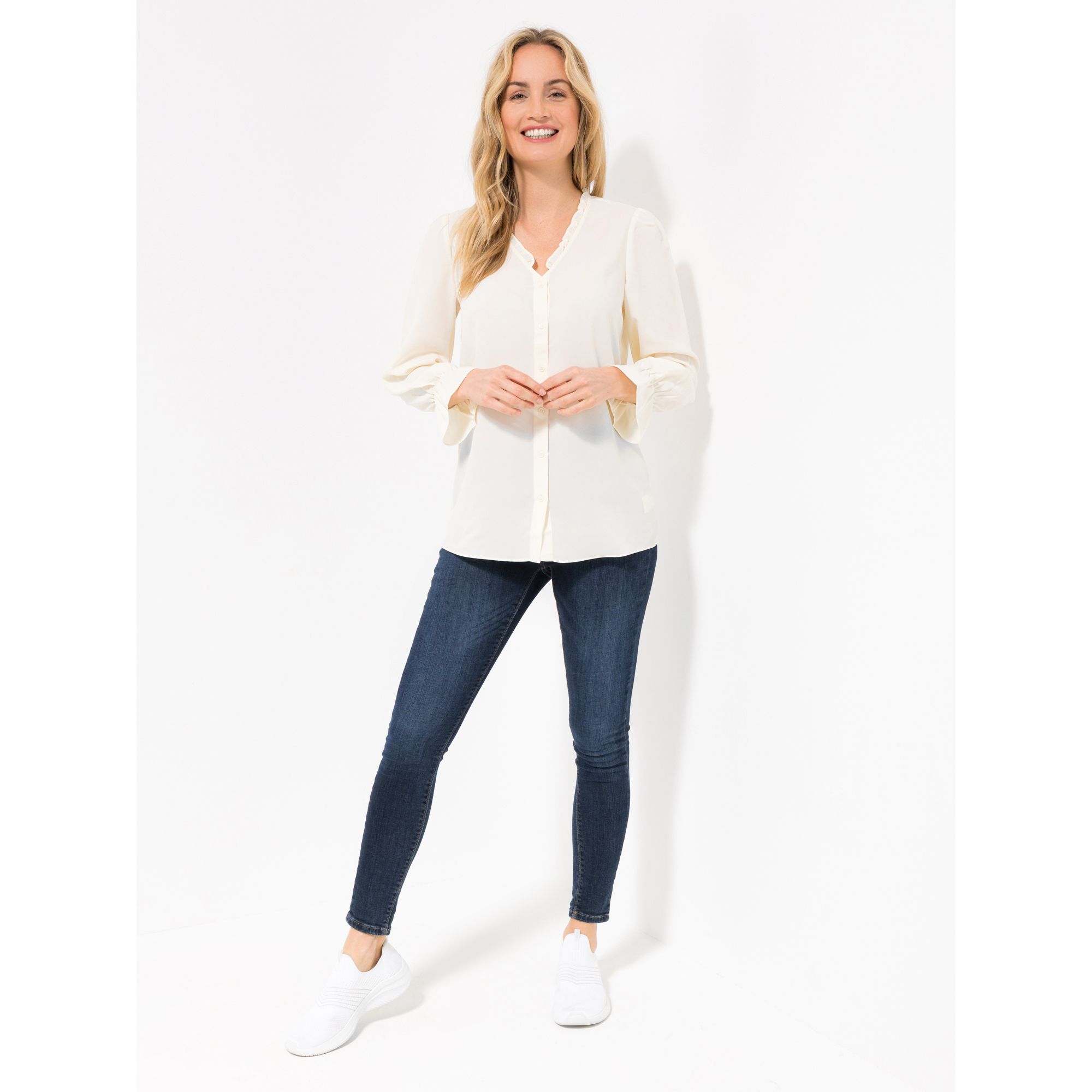 ANNI FOR FRIENDS Bluse, 1/1-Arm V-Ausschnitt Rüschendetails figurumspielend