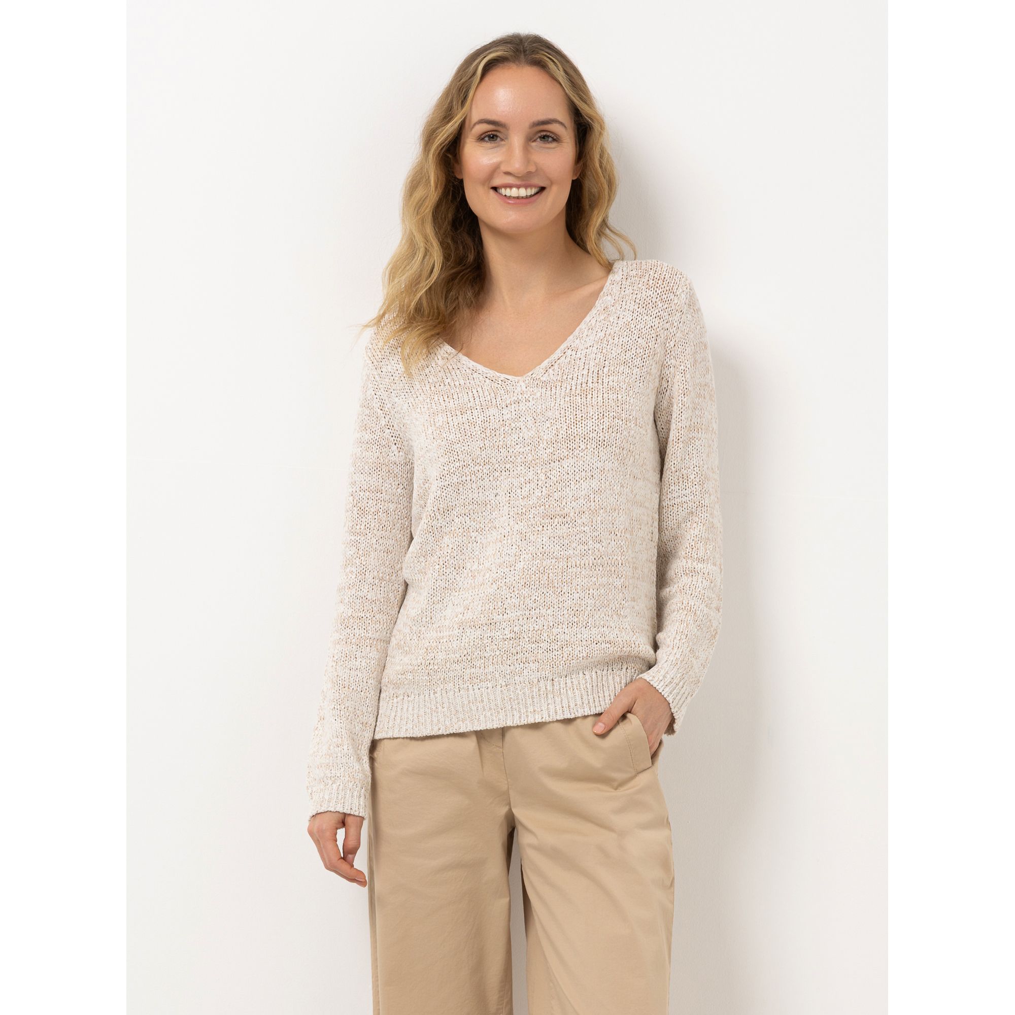 STRANDFEIN Pullover Bändchengarn runder V-Ausschnitt figurumspielend