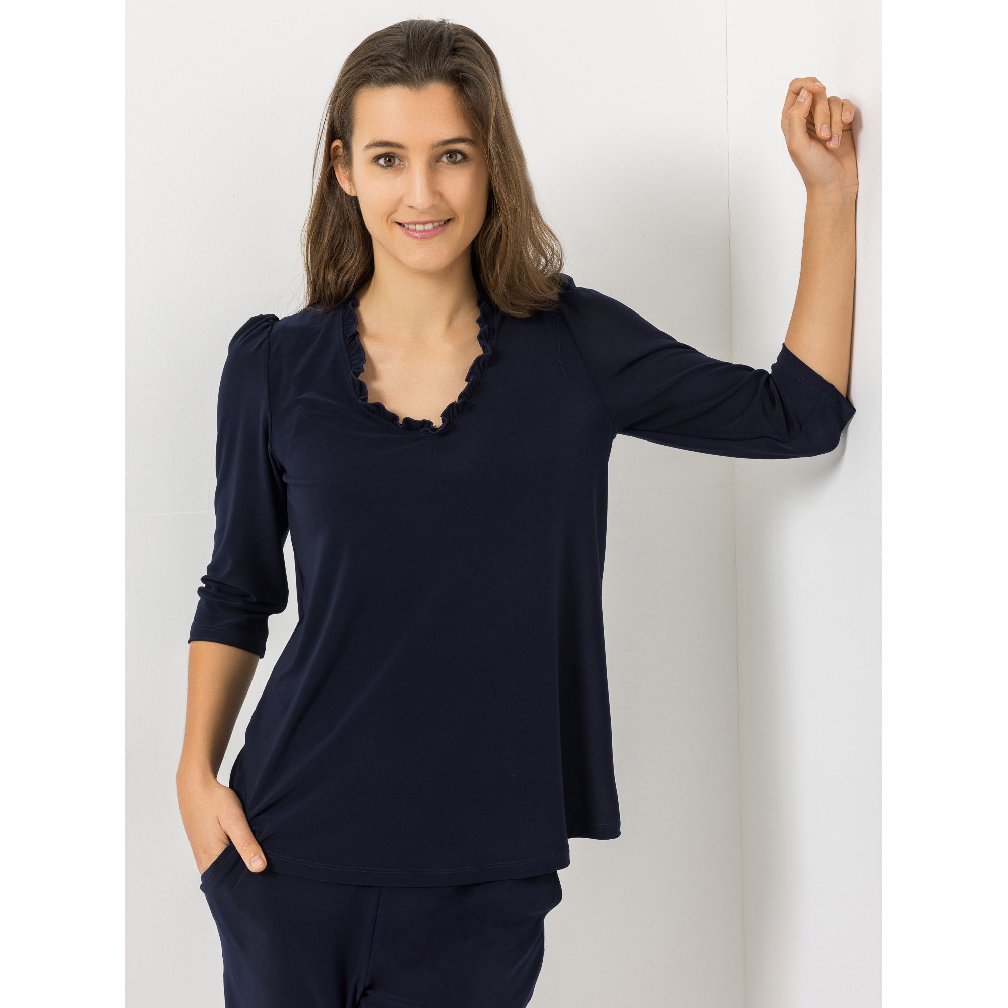 KIM & CO. Shirt, 3/4-Arm Brazil Knit Jersey gerüschter Ausschnitt figurumspielend