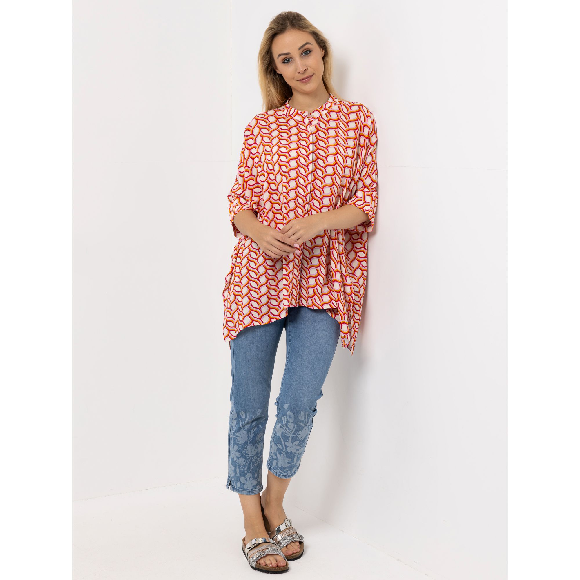 DINE 'N' DANCE Bluse, 3/4-Arm Stehkragen durchgeknöpft oversize