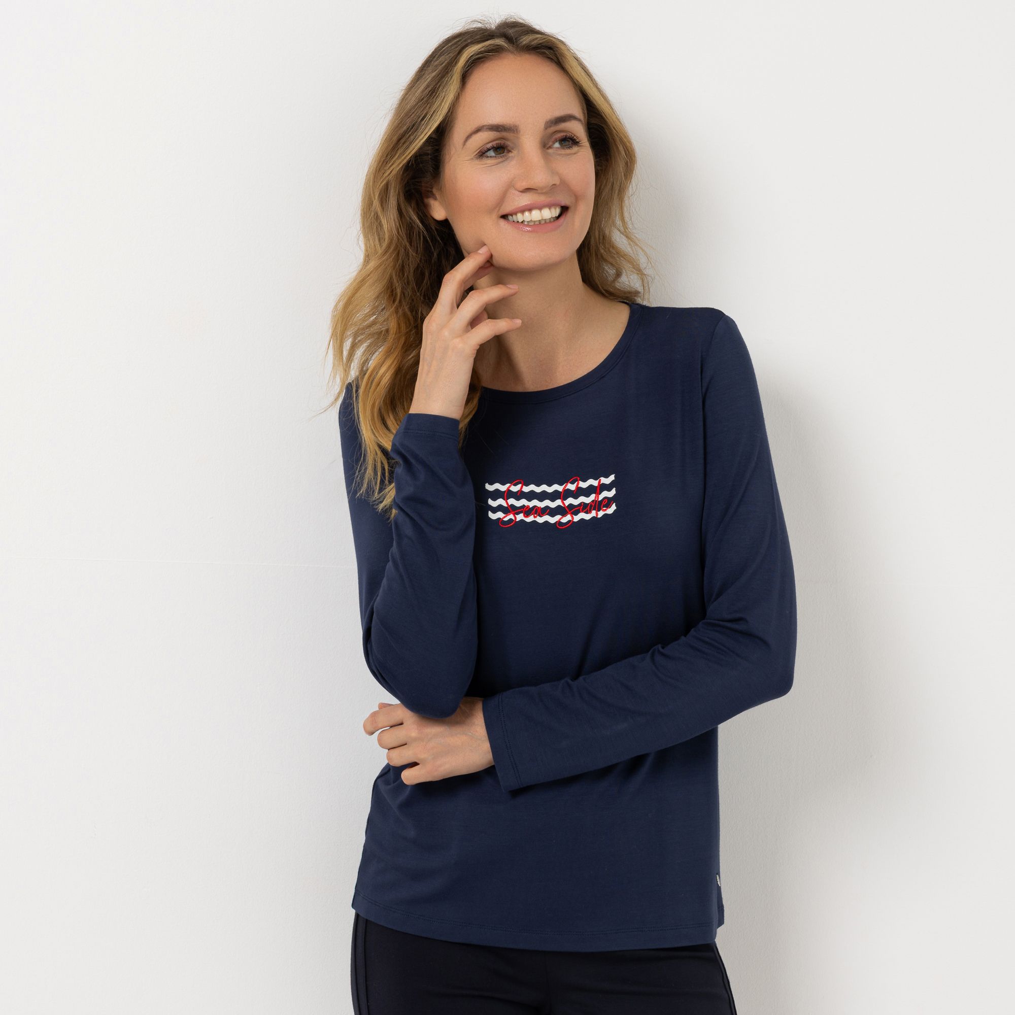 STRANDFEIN Shirt, Langarm Rundhalsausschnitt Stickerei mit ECOVERO™ Viskose