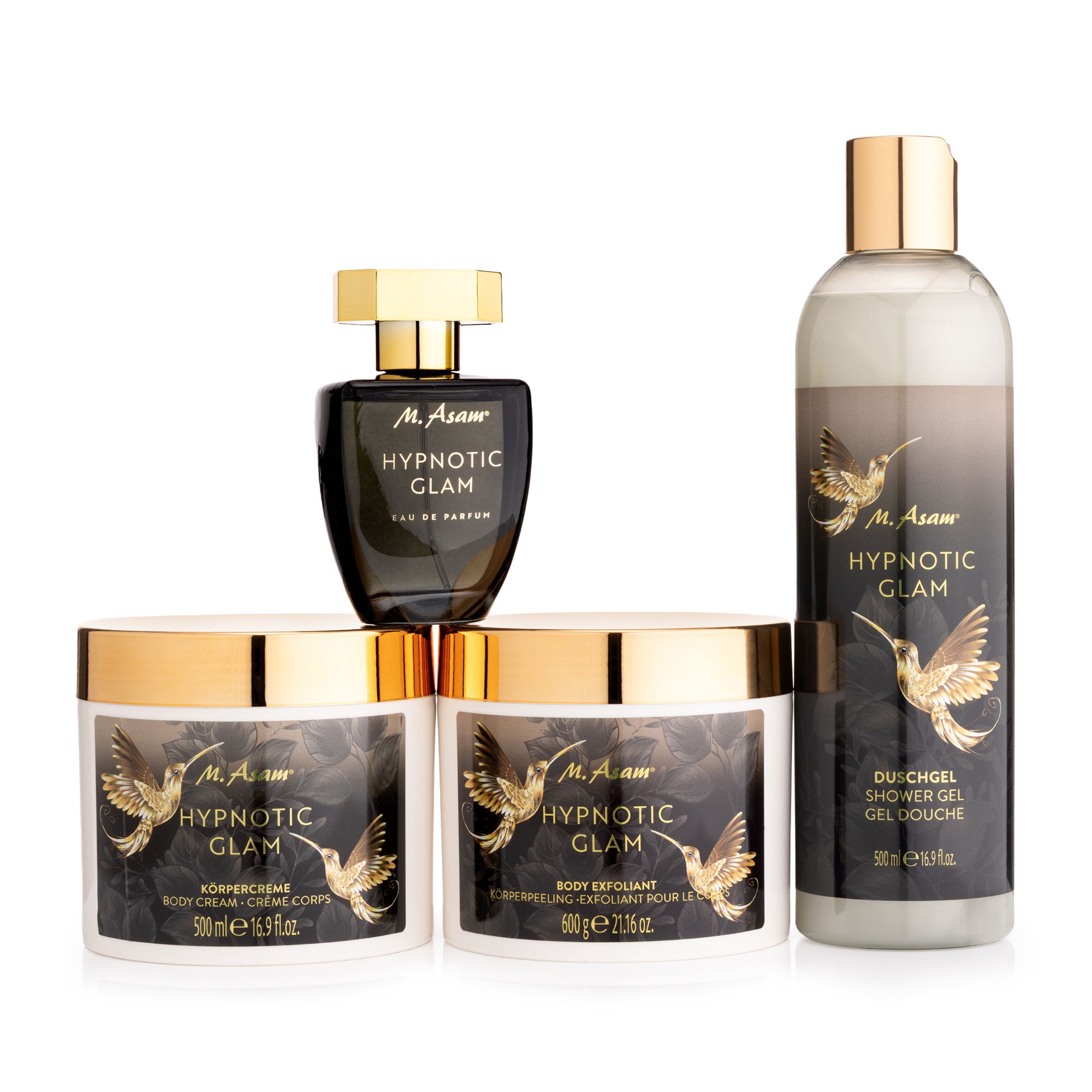 M.ASAM® Hypnotic Glam EdP 100ml, Duschgel 500ml, Peeling 600g, Körpercreme 500ml
