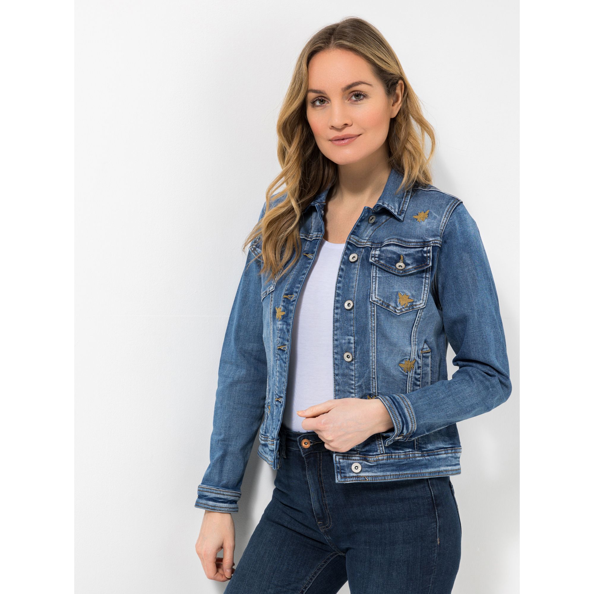 DINE 'N' DANCE Jeansjacke Knopfleiste Bienenstickerei figurbetont