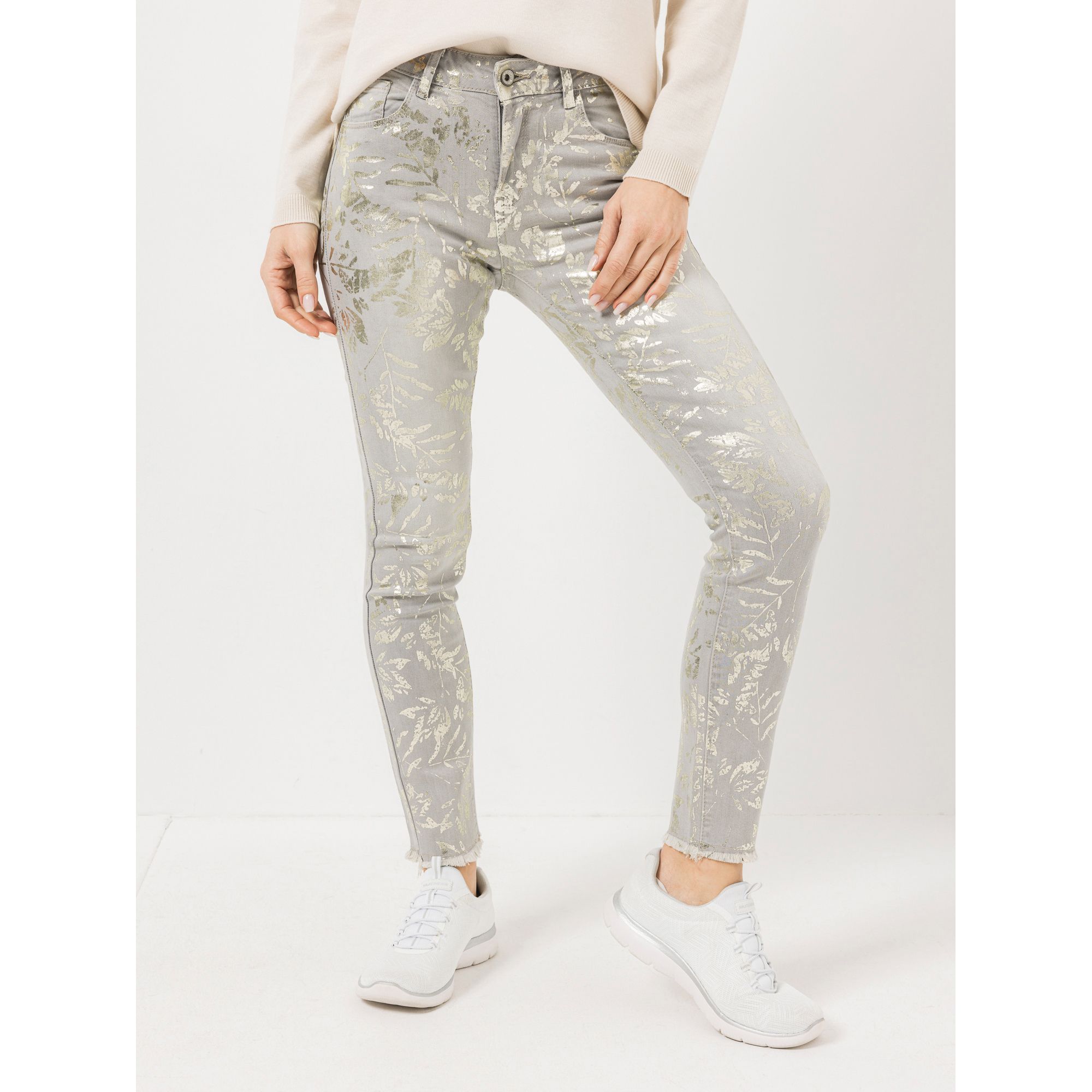 DINE 'N' DANCE Jeanshose knöchellang 5-Pocket-Style Folien-Druck sehr schmales Bein