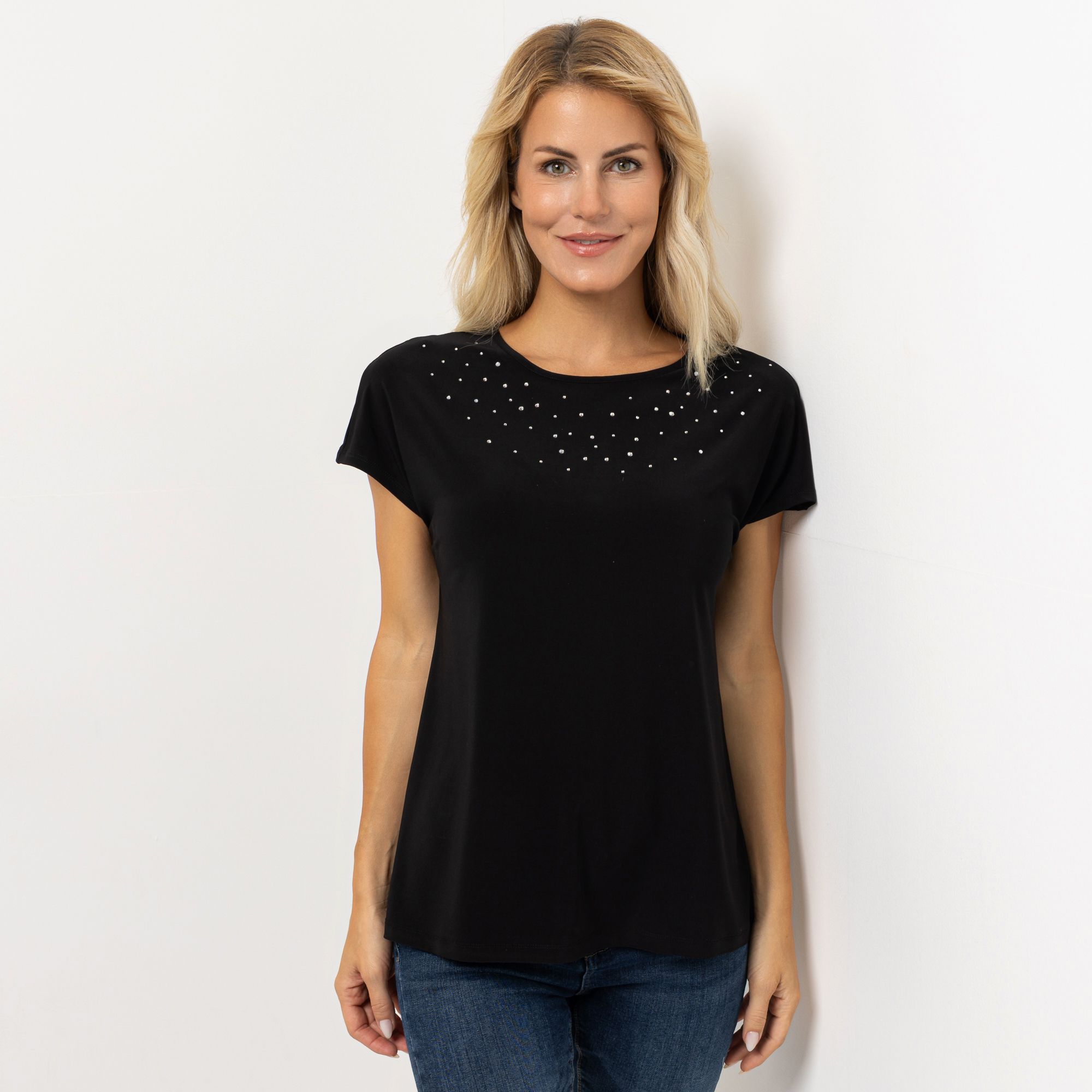 KIM & CO. Shirt, 1/4-Arm Deluxe Brazil Knit Strass-Applikation figurumspielend