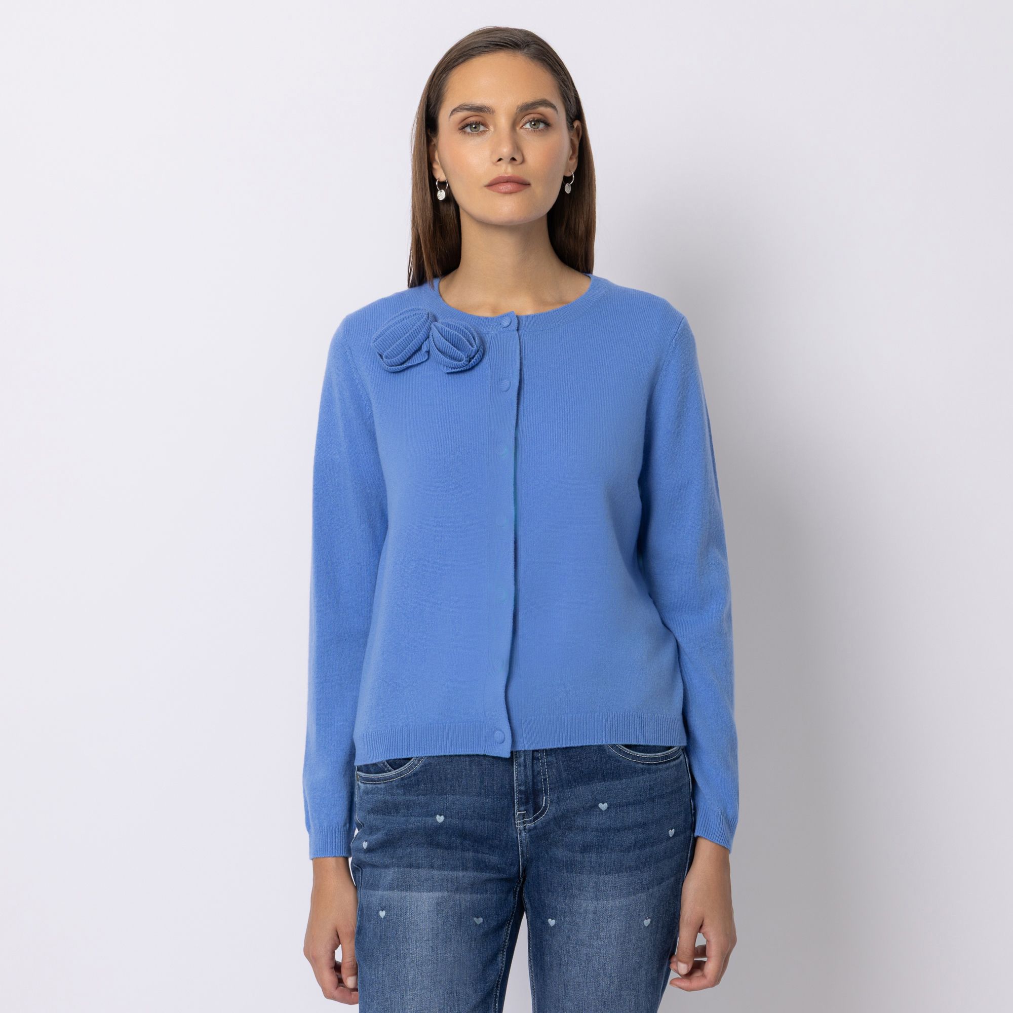 STEFFEN SCHRAUT Strickjacke Rundhalsausschnitt 3D Blumen Applikation figurumspielend