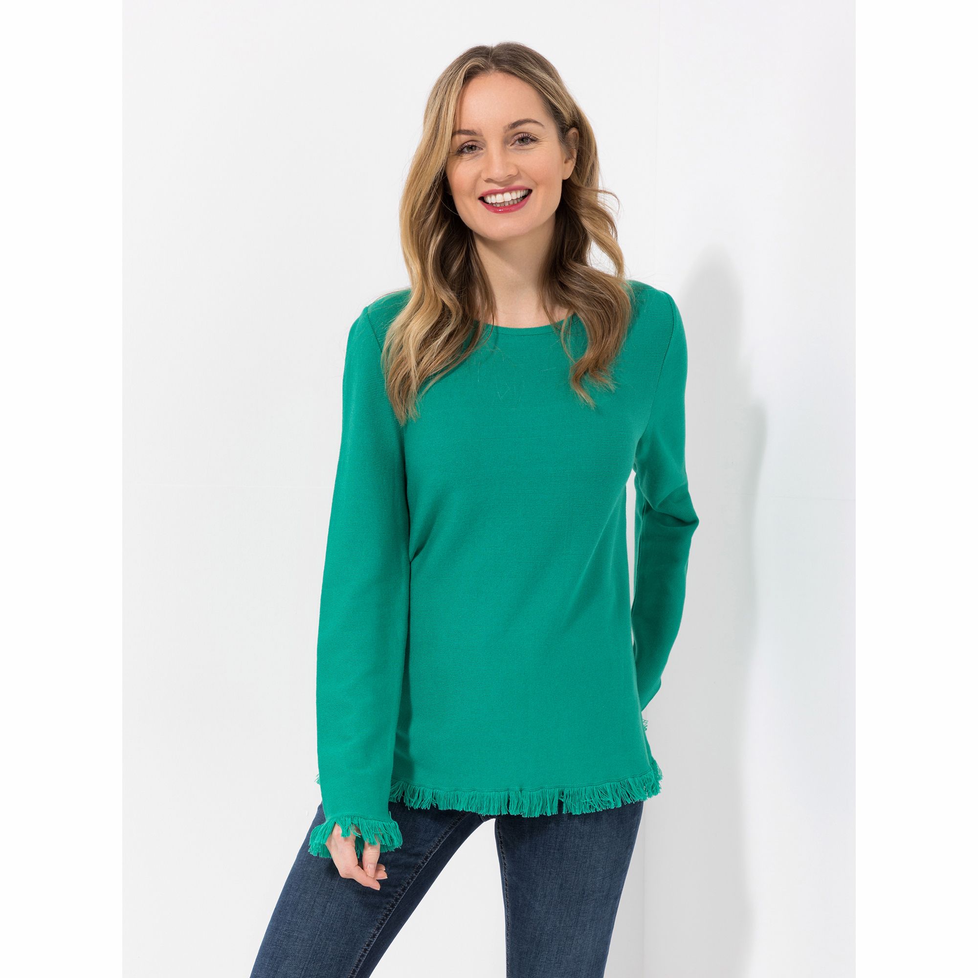 DINE 'N' DANCE Pullover, 1/1-Arm Rundhalsausschnitt Fransensaum figurumspielend