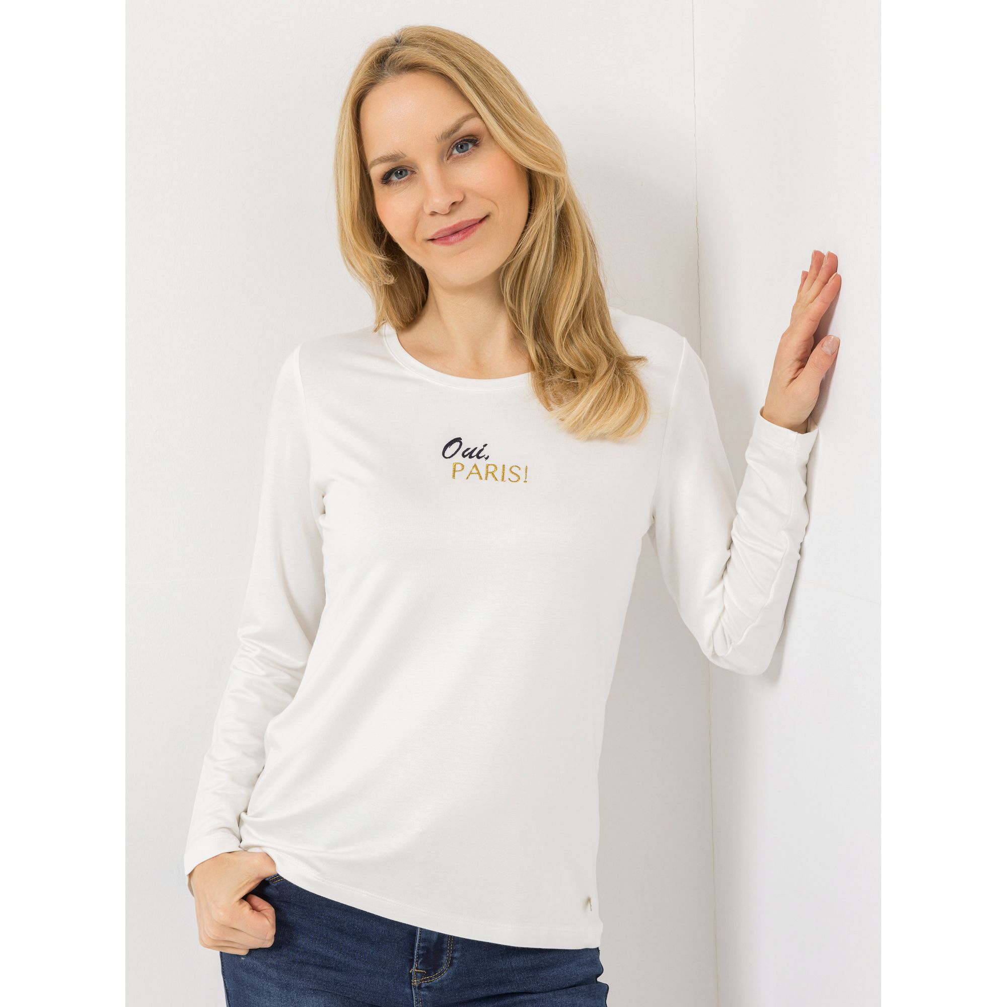 STRANDFEIN Shirt, 1/1-Arm Rundhalsausschnitt Oui Paris-Strickerei figurumspielend