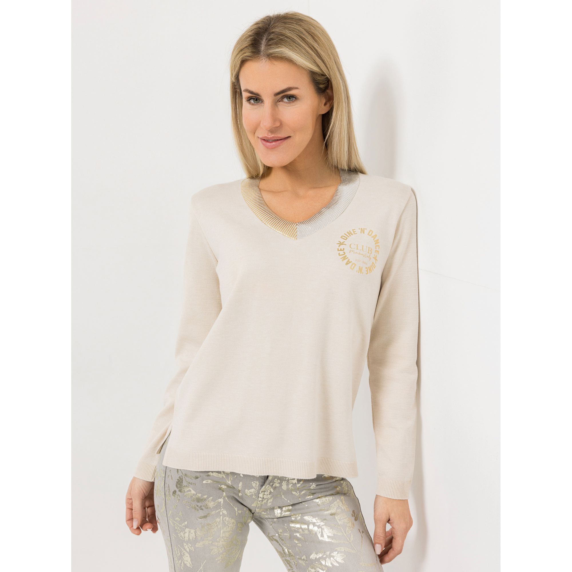 DINE 'N' DANCE Pullover, 1/1-Arm V-Ausschnitt Folien-Druck figurumspielend