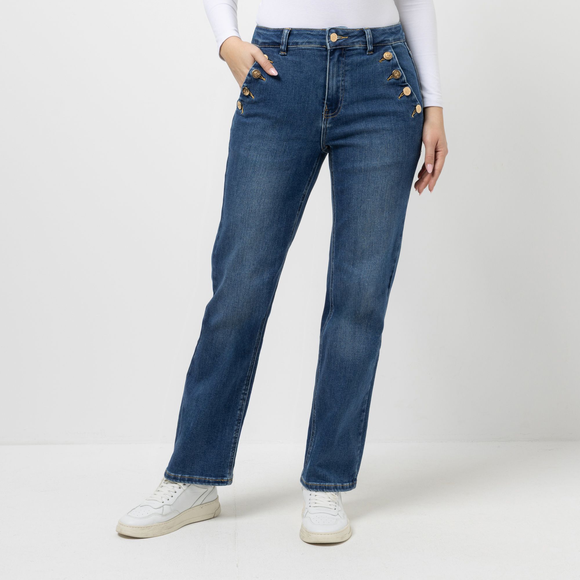 STRANDFEIN Jeans Knopf-Details elastisches Material weites Bein