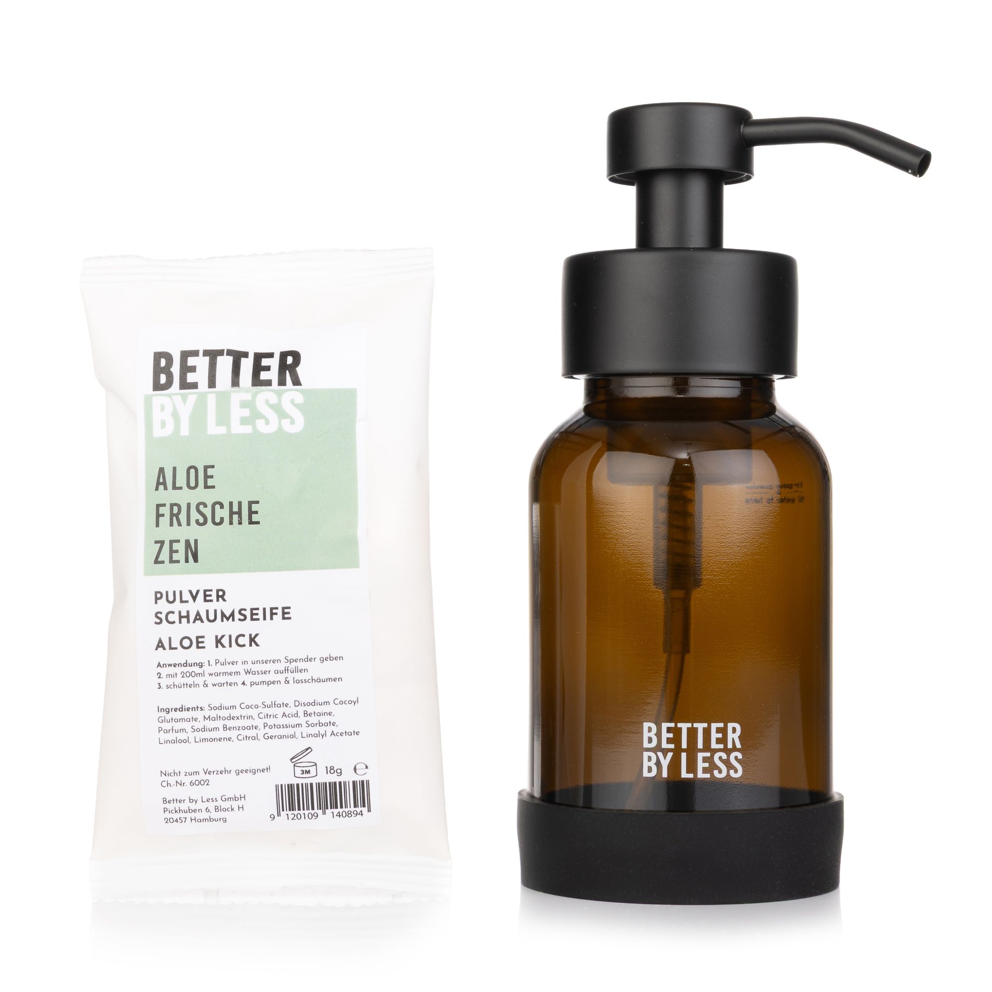 BETTER BY LESS Handseife Starter Set mit Braunglas Schaum- spender, Bumper und Pulverseife 18g