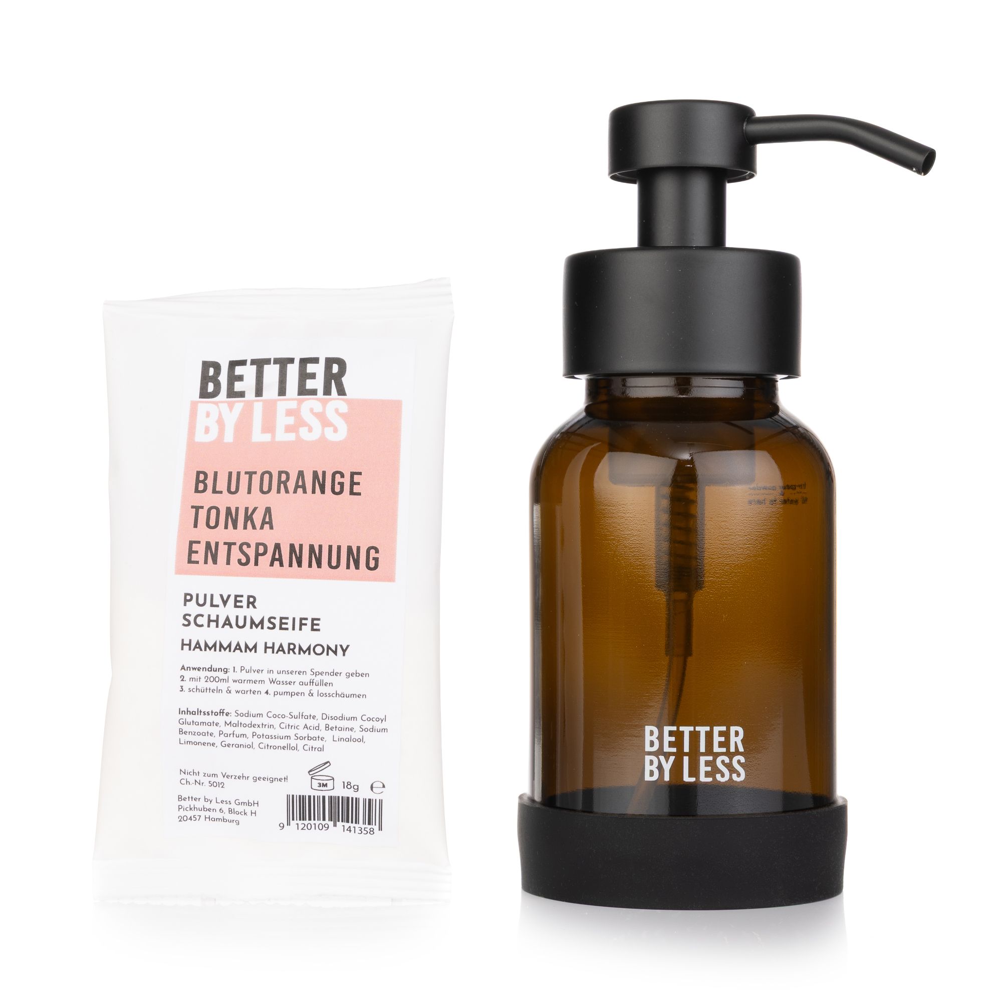 BETTER BY LESS Handseife Starter Set mit Braunglas Schaum- spender, Bumper und Pulverseife 18g