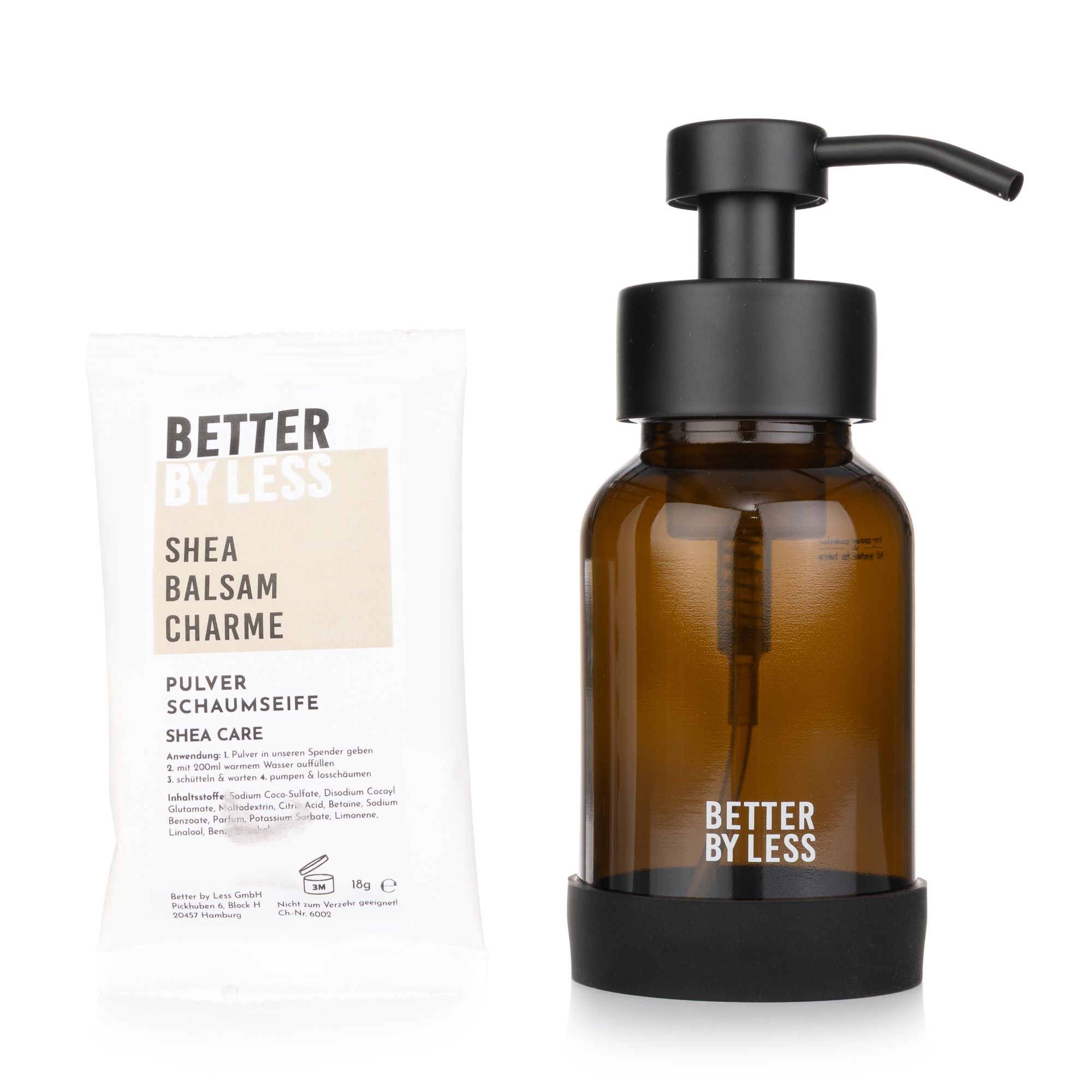 BETTER BY LESS Handseife Starter Set mit Braunglas Schaum- spender, Bumper und Pulverseife 18g