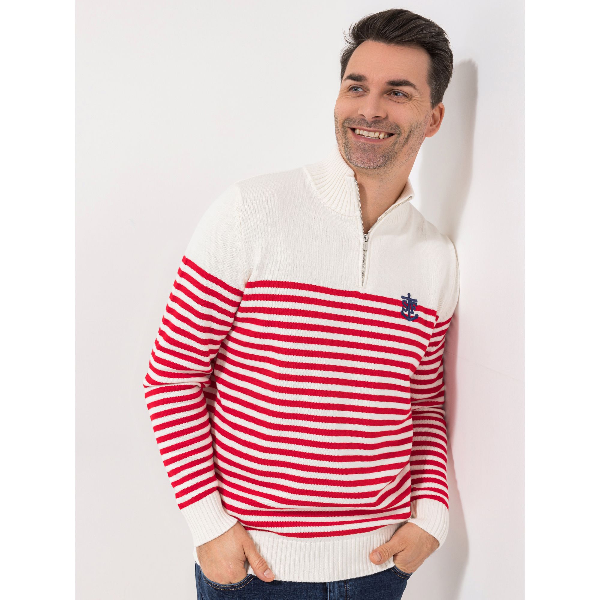 STRANDFEIN Menswear Pullover Troyerkragen gestreift Logostickerei