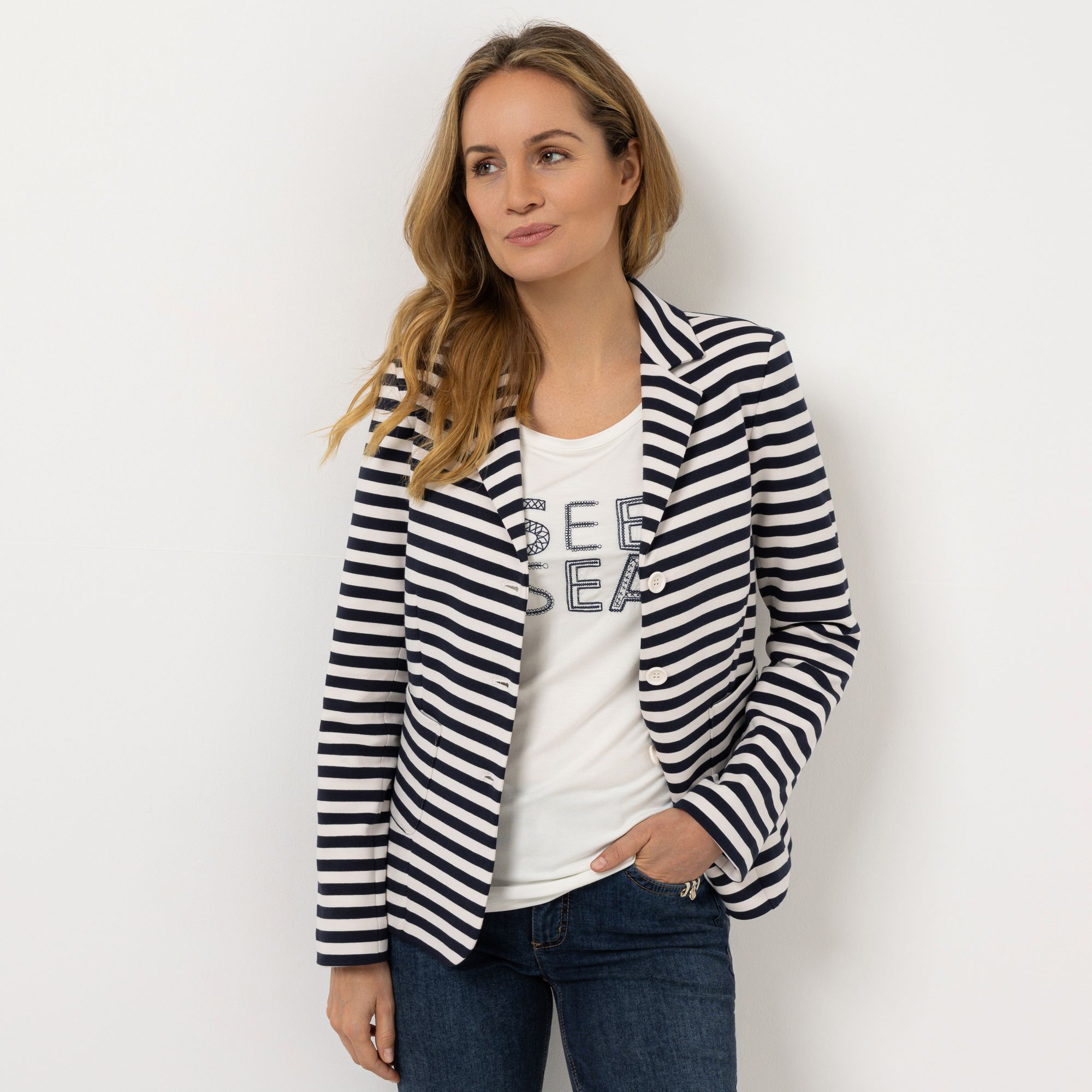 STRANDFEIN Streifenblazer Reverskragen aufgesetzte Taschen figurumspielend