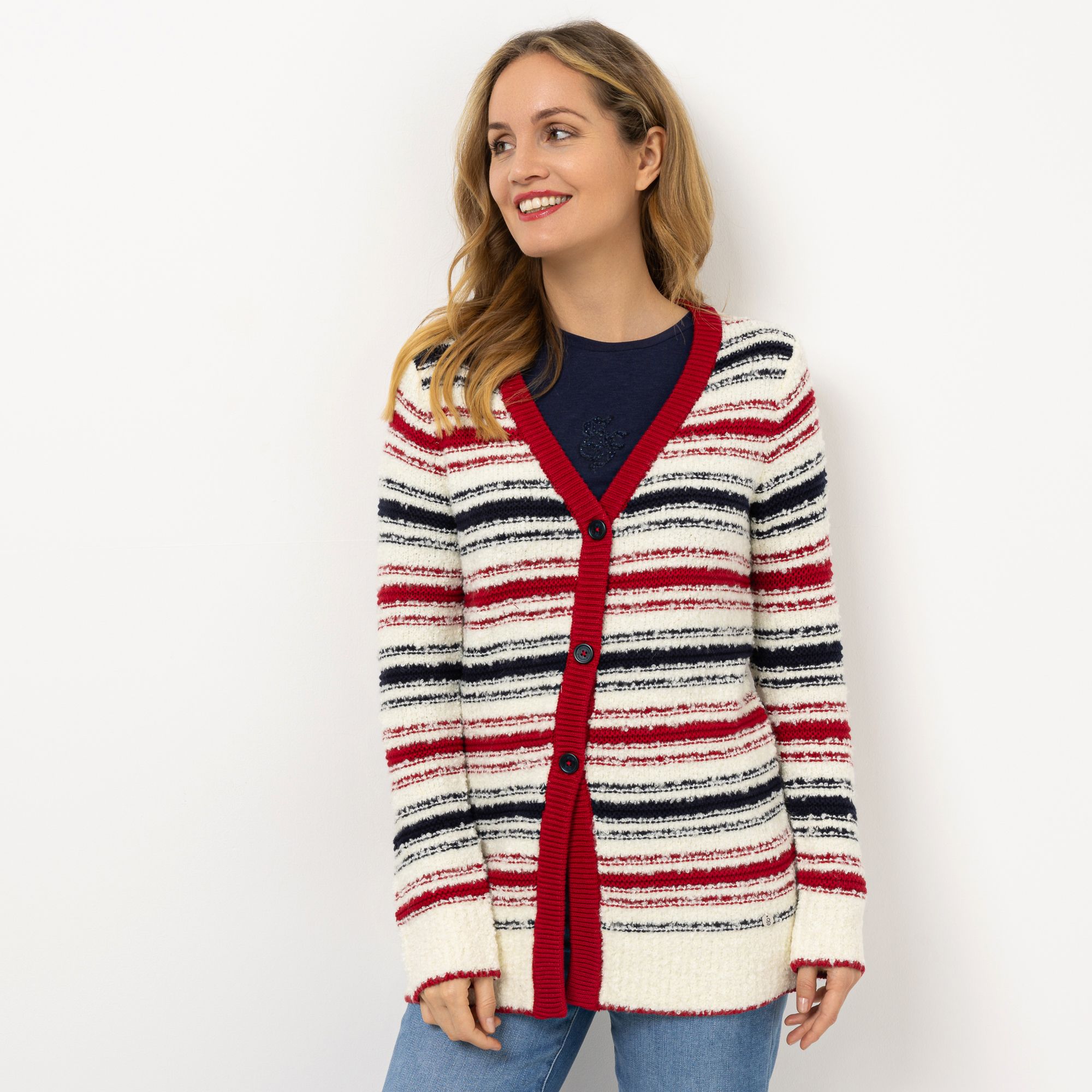 STRANDFEIN Strickjacke V-Ausschnitt multicolor gestreift figurumspielend