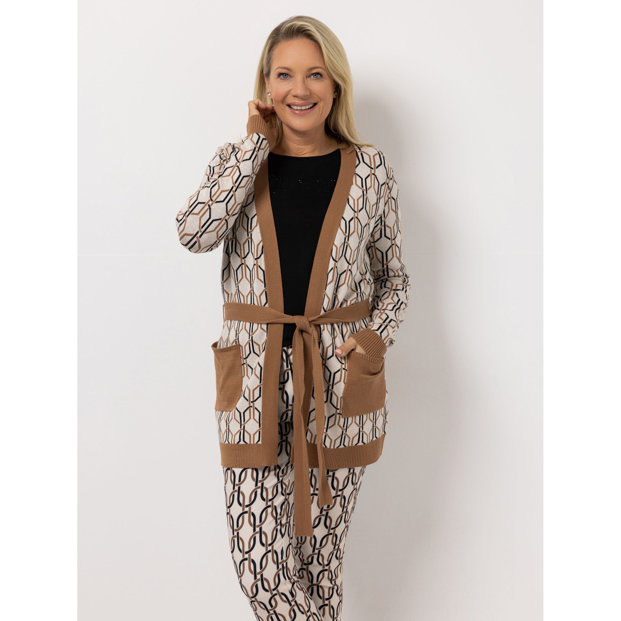 KILIAN KERNER SENSES Long-Cardigan Jacquard-Muster Bindegürtel figurumspielend