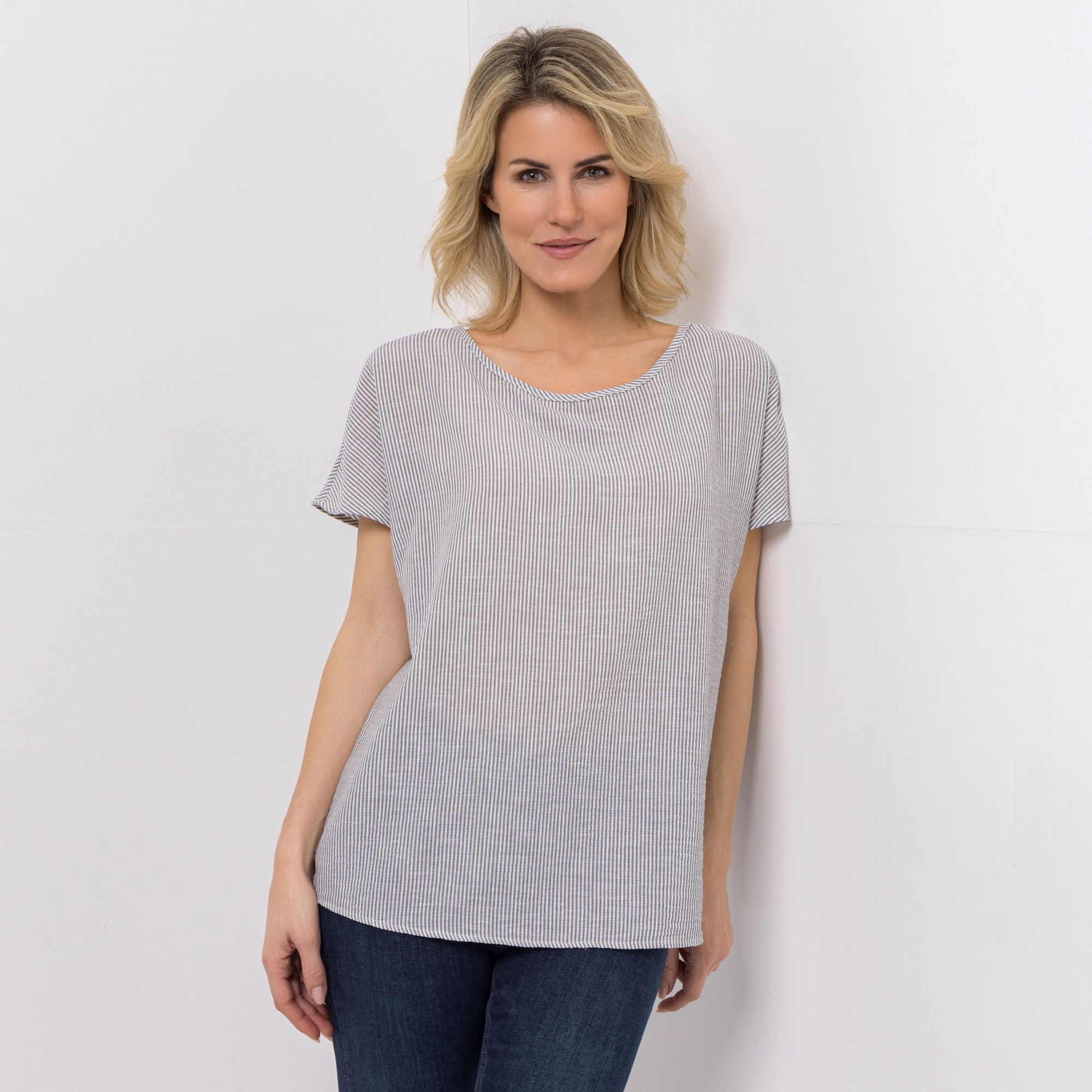 KIM & CO. Bluse, 1/2 Arm Chambray Rundhalsausschnitt oversize