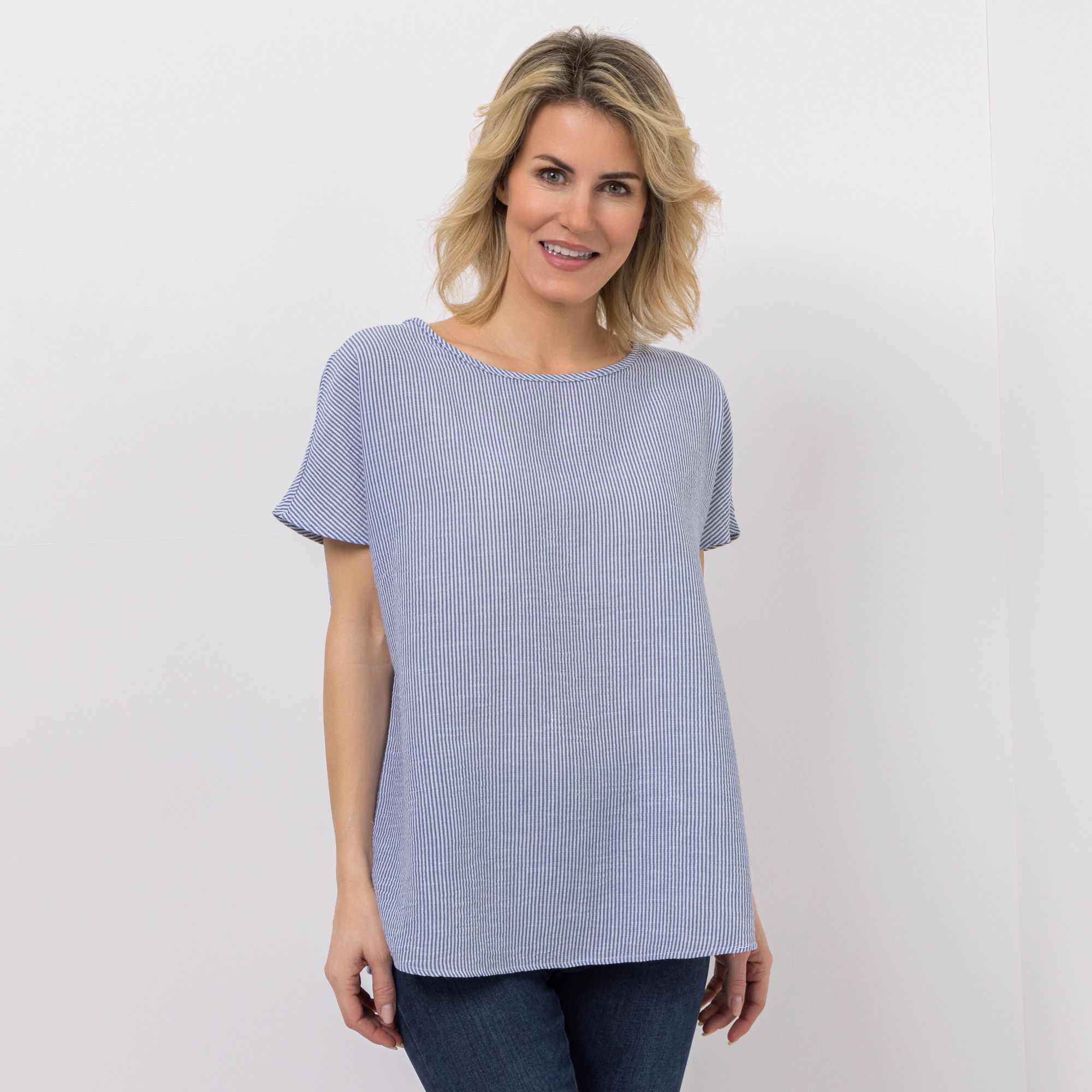 KIM & CO. Bluse, 1/2 Arm Chambray Rundhalsausschnitt oversize