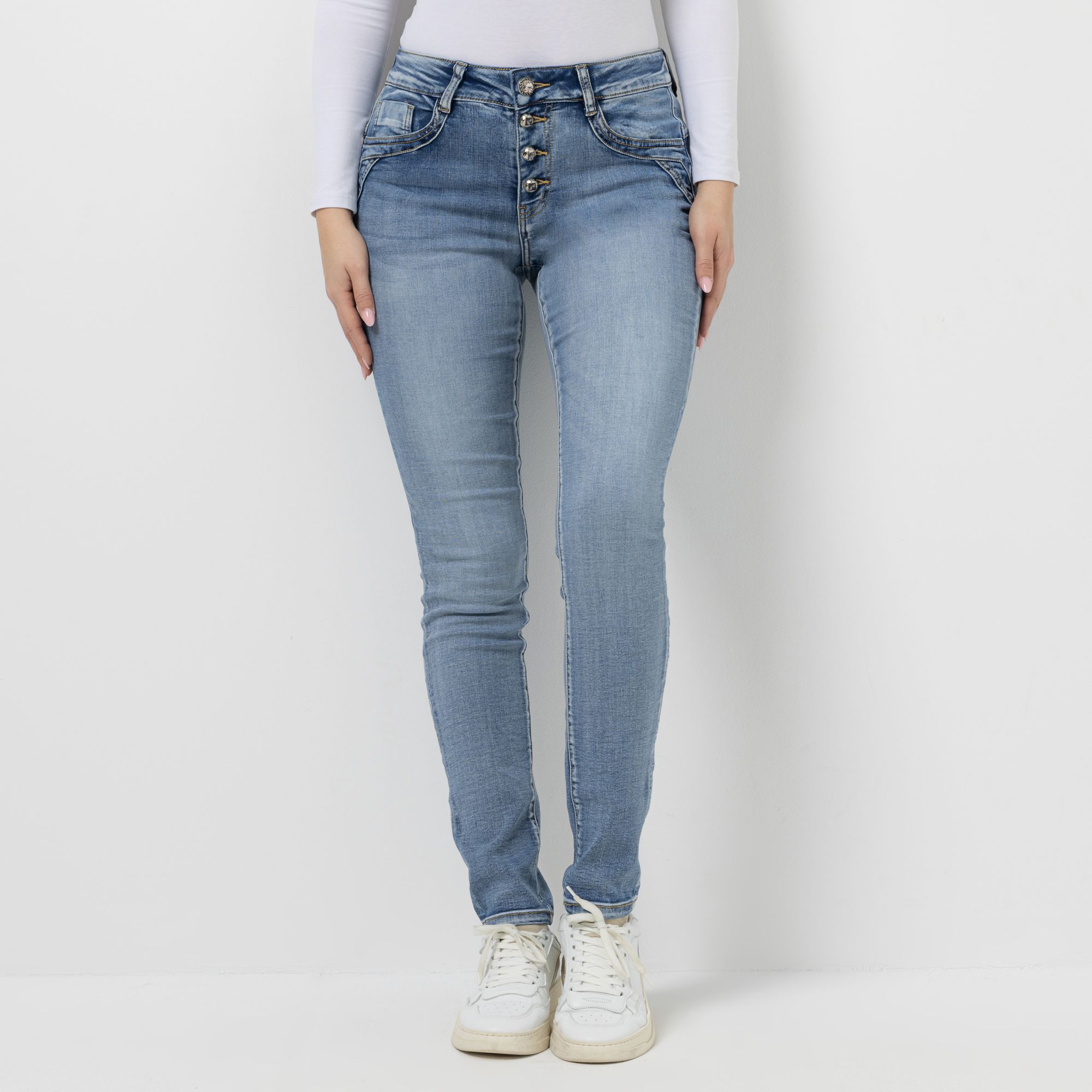 DINE 'N' DANCE Jeanshose Jive knöchellang Strass-Knopfleiste schmales Bein