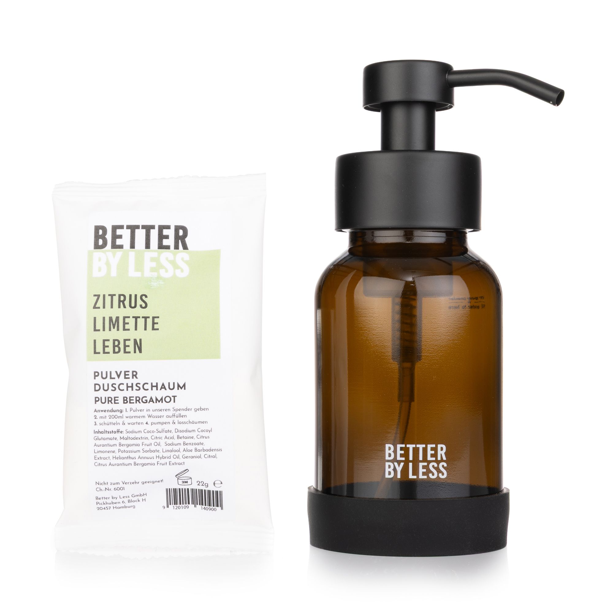 BETTER BY LESS Duschschaum Starter Kit mit Braunglas Schaumspender,Bumper, Pulverschaum 22g