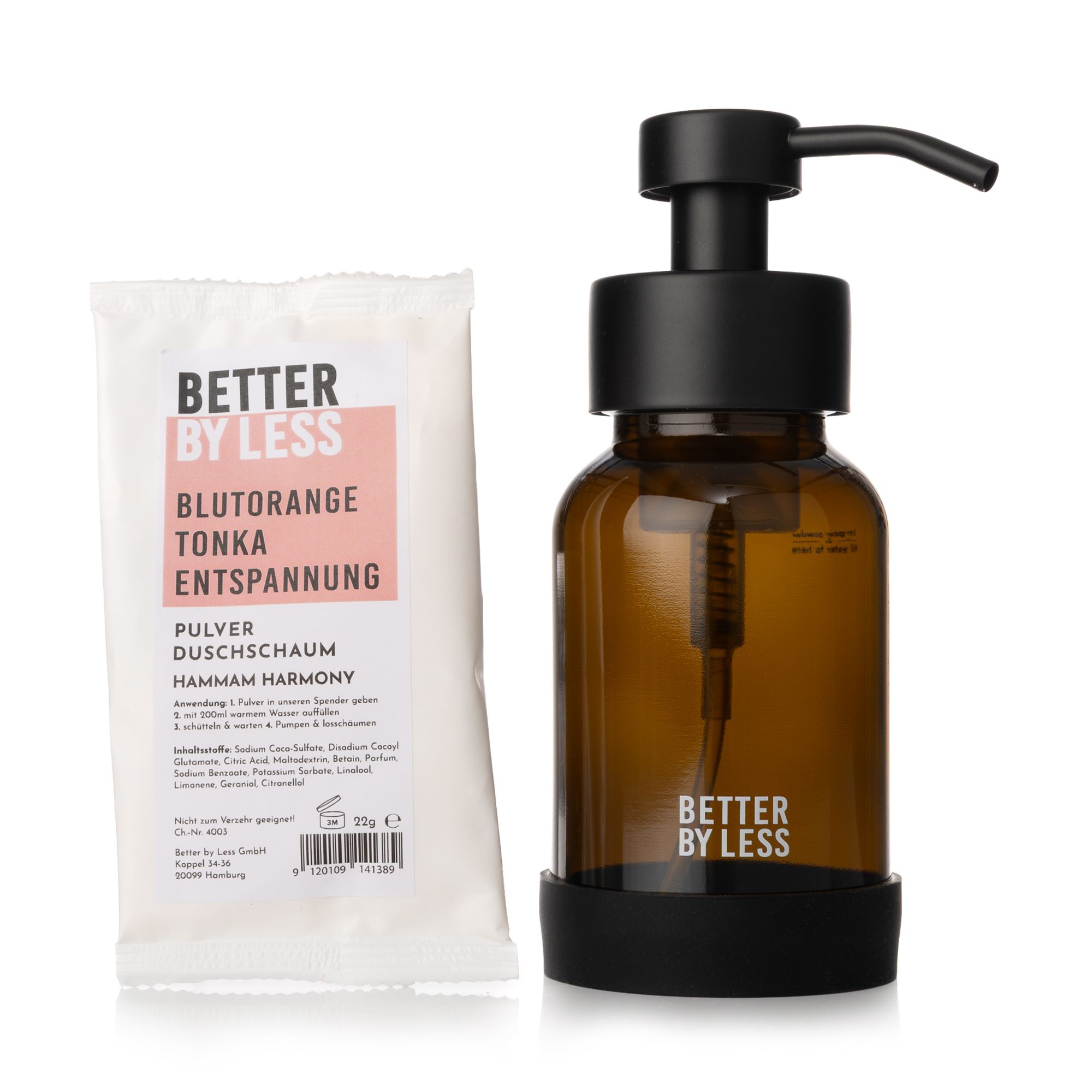 BETTER BY LESS Duschschaum Starter Kit mit Braunglas Schaumspender,Bumper, Pulverschaum 22g