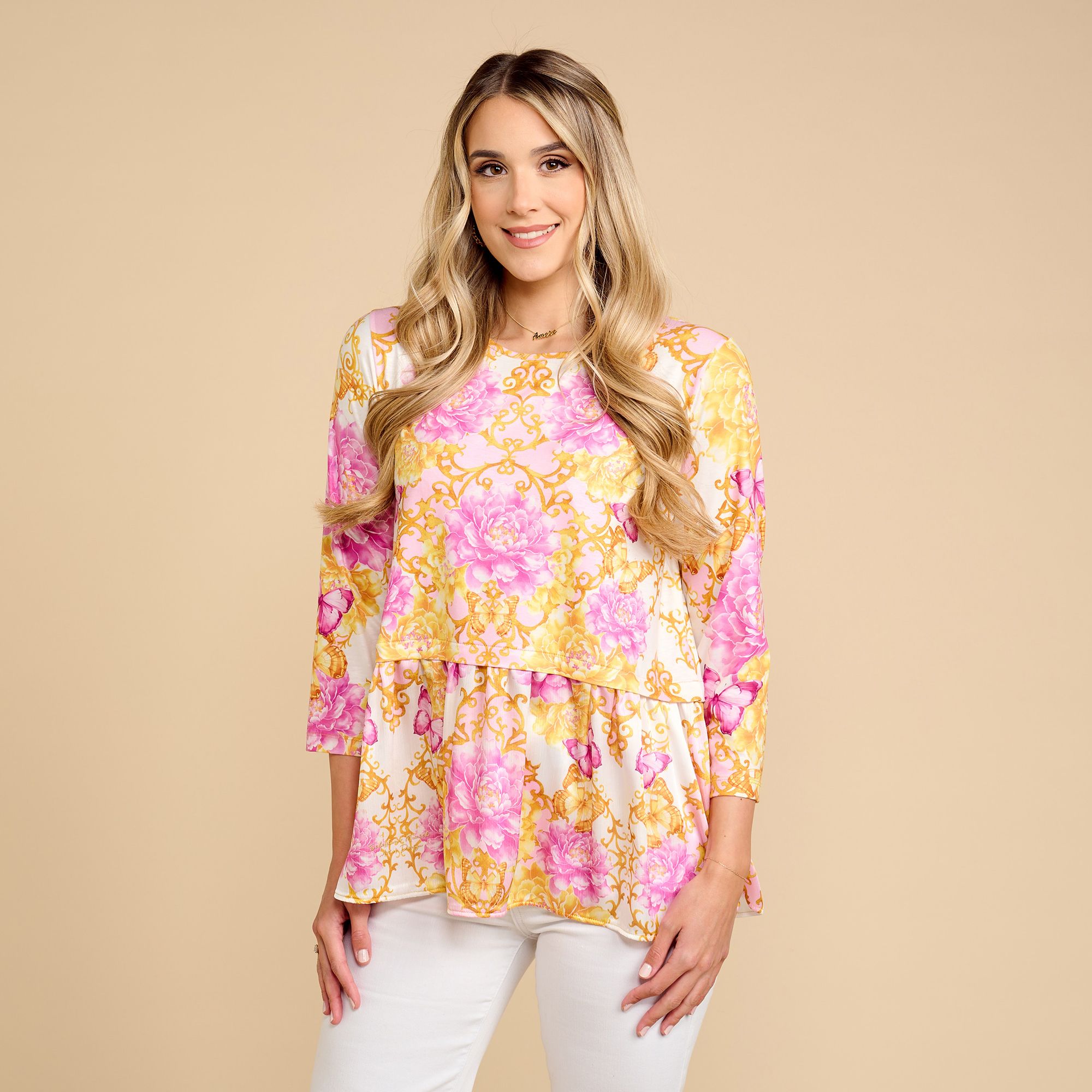 SCHIFFHAUER MUNICH® Blusenshirt, 3/4-Arm Rundhalsausschnitt Materialmix leger weit