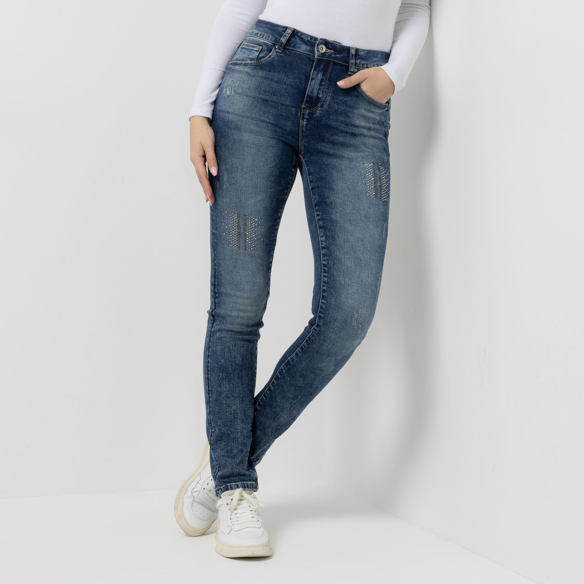 DINE 'N' DANCE Jeanshose Salsa knöchellang Strassapplikation schmales Bein