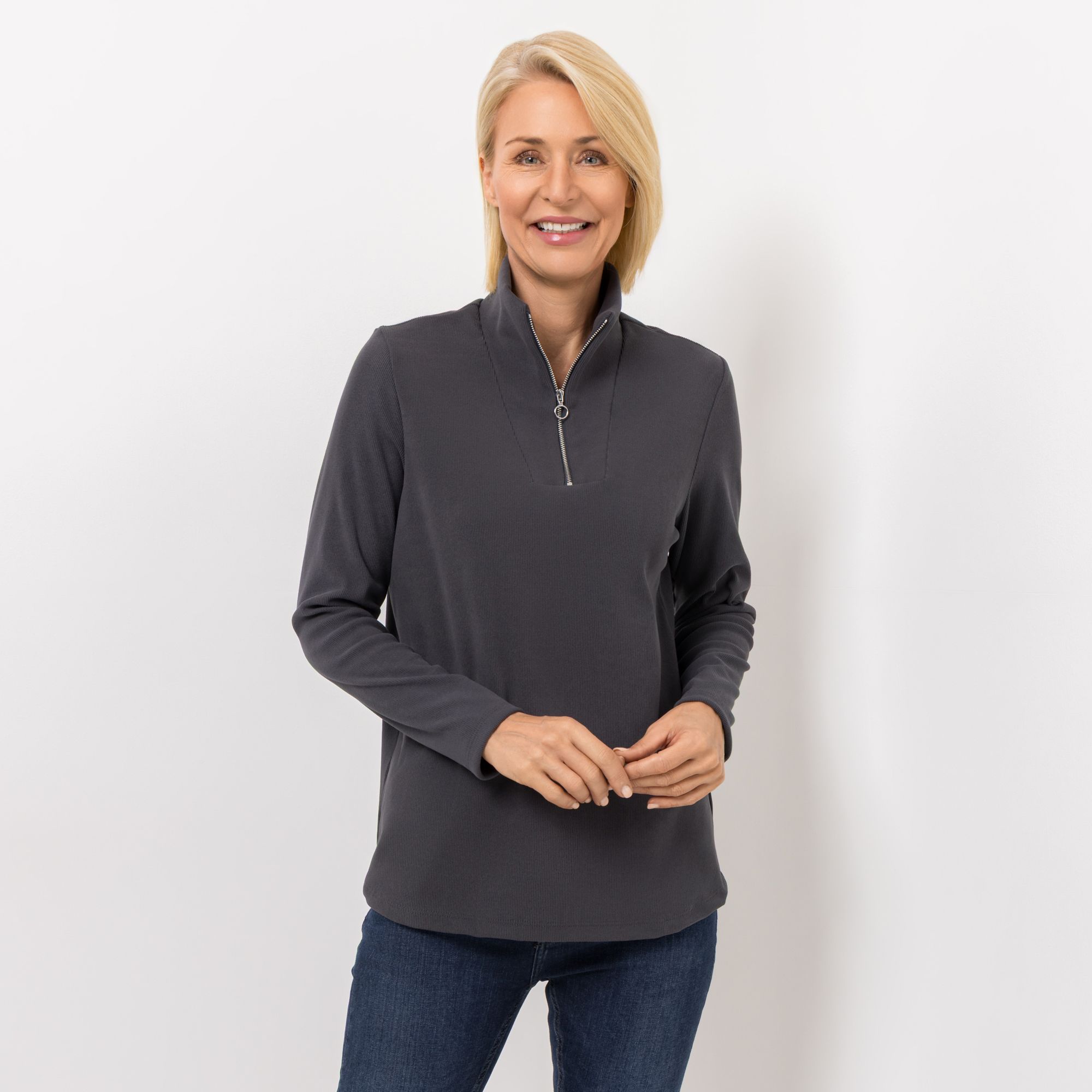 KIM & CO. Shirt, Langarm Rippen-Jersey Reissverschluss figurumspielend