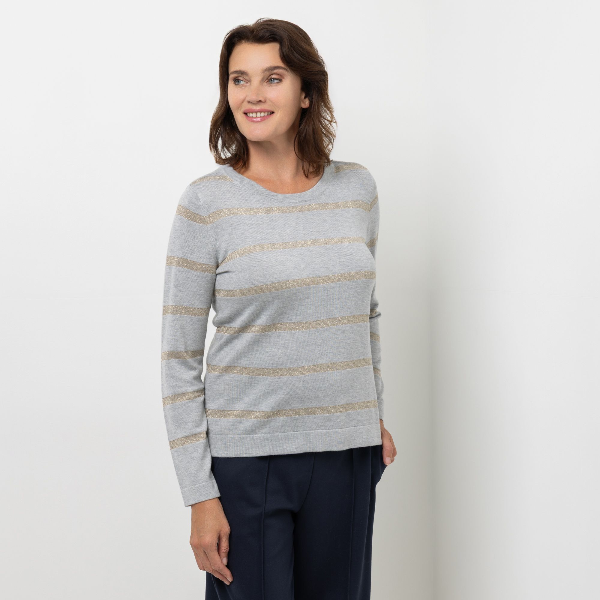 EVA LUTZ Pullover mit Glanzgarn Rundhalsausschnitt figurumspielend
