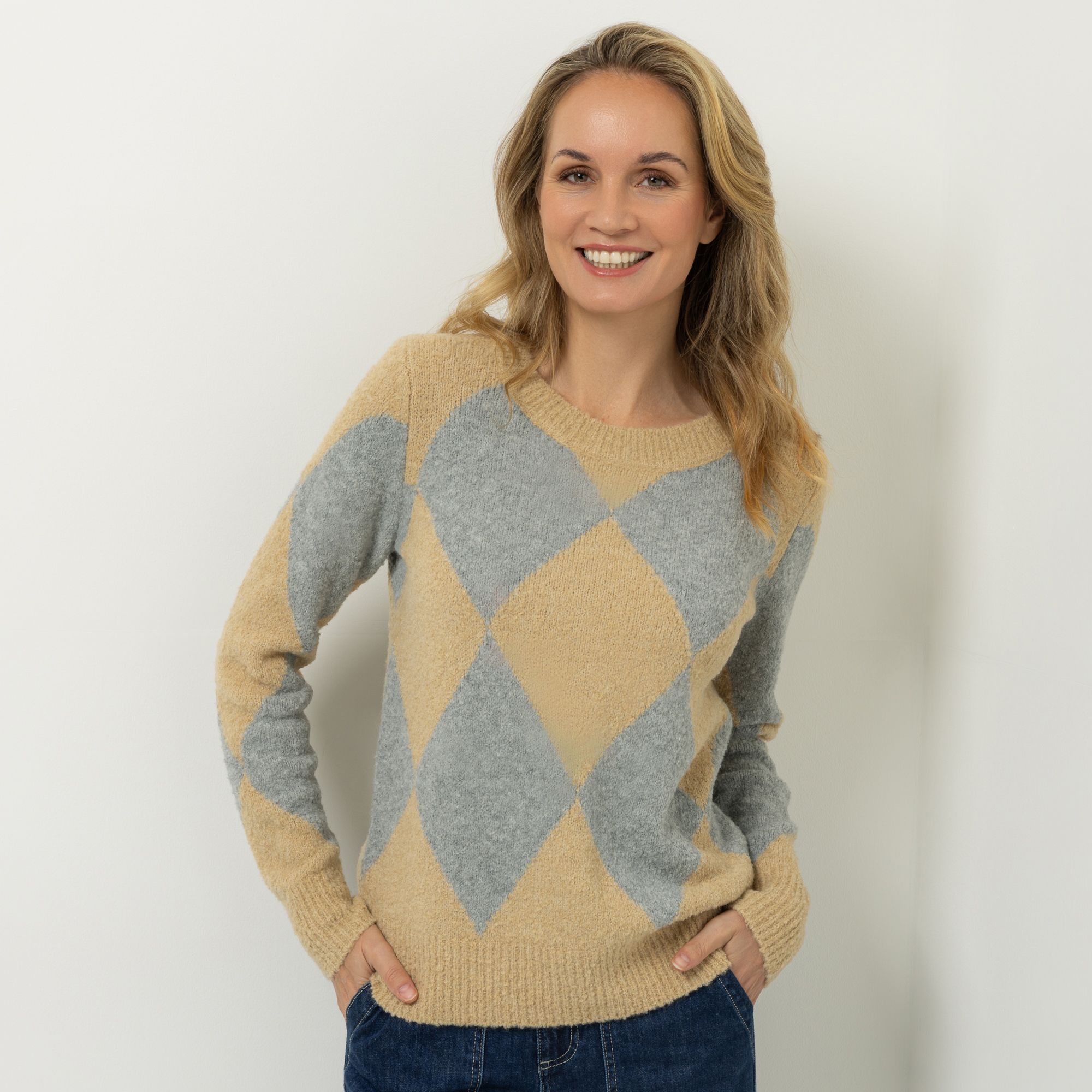 STRANDFEIN Pullover Rundhalsausschnitt Argyle-Muster figurumspielend
