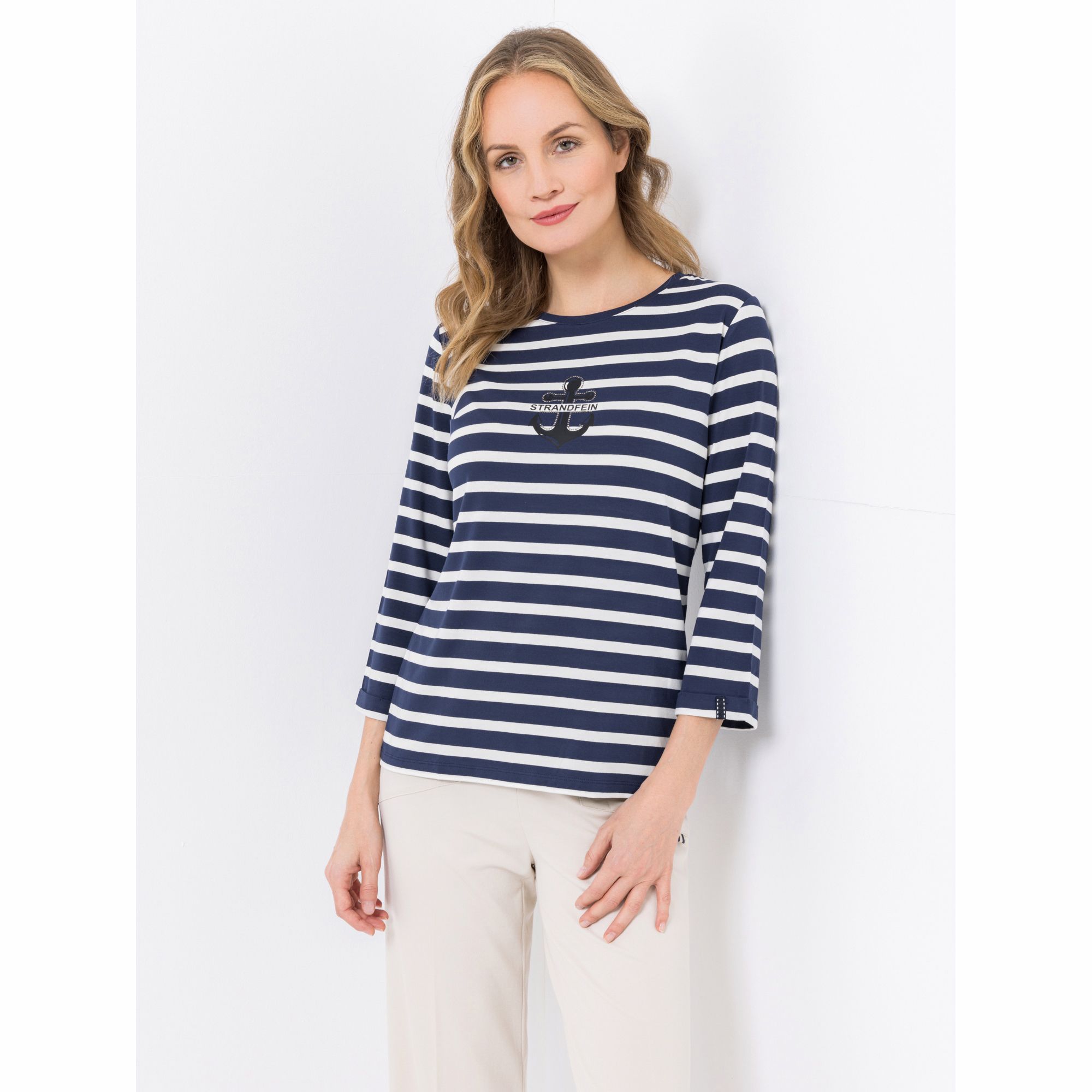 STRANDFEIN Shirt, 3/4-Arm Rundhalsausschnitt Logodruck figurumspielend