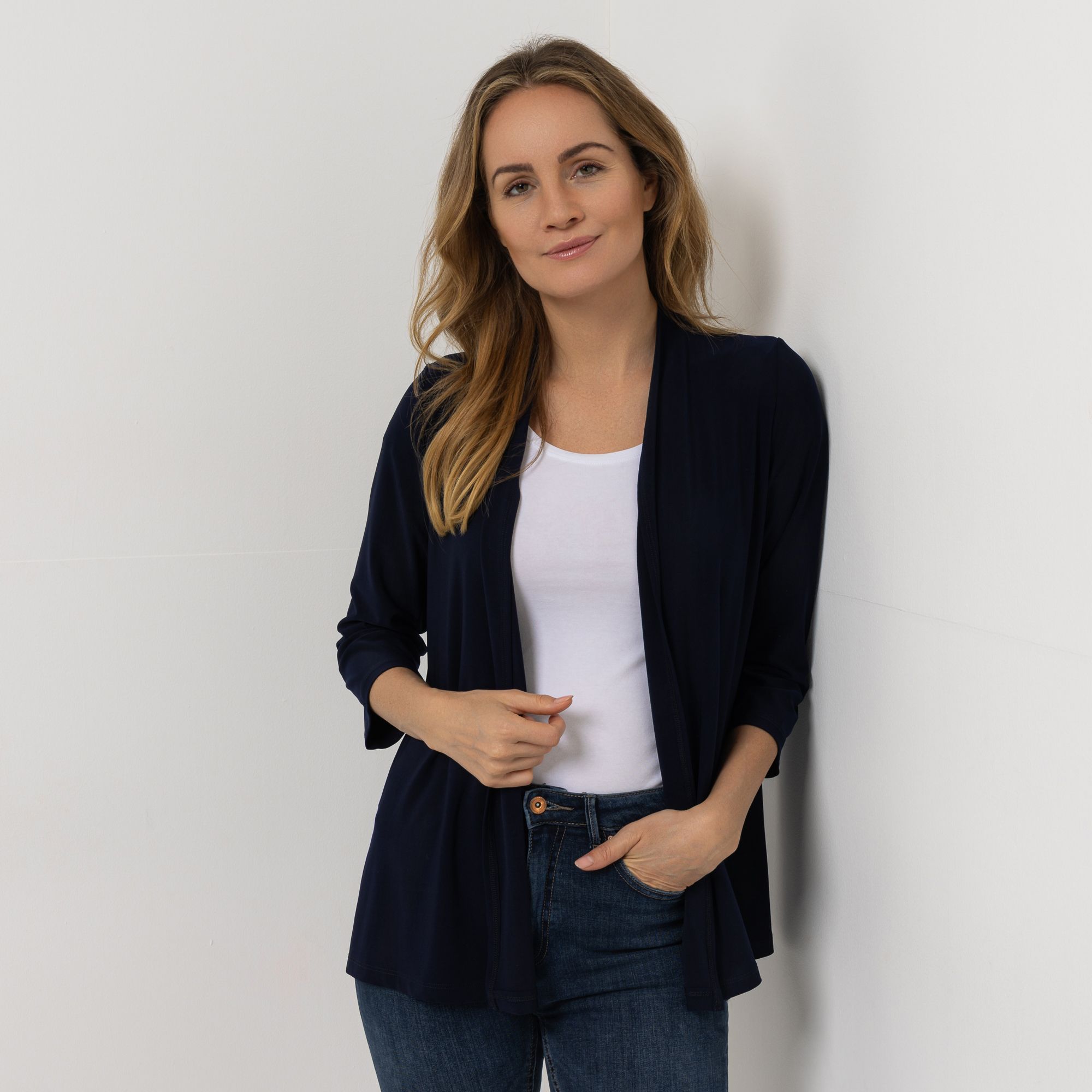 KIM & CO. Cardigan, 3/4-Arm Deluxe Brazil Knit Seitenschlitze figurumspielend