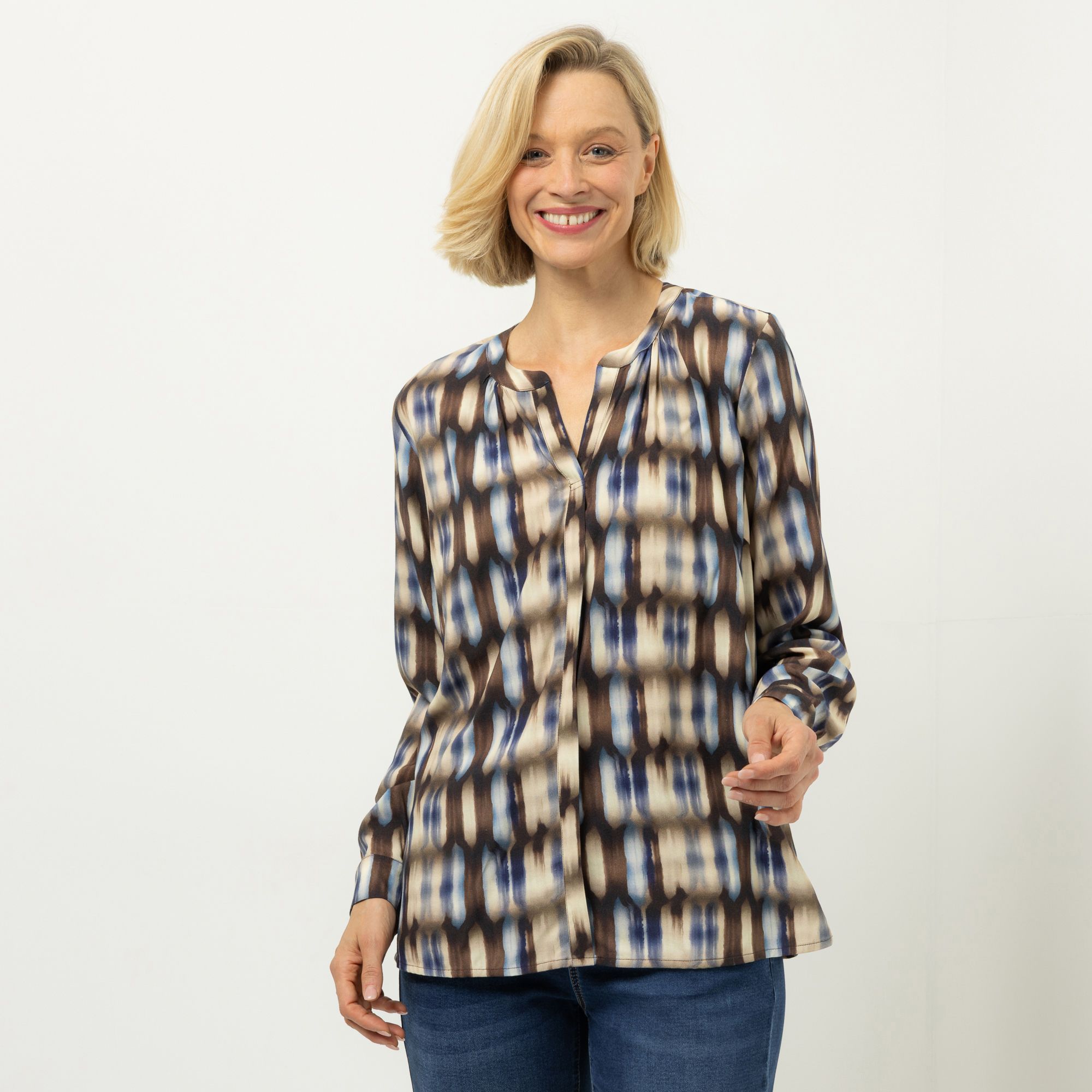 DINE 'N' DANCE Bluse, Langarm kleiner Stehkragen Allover-Muster figurumspielend