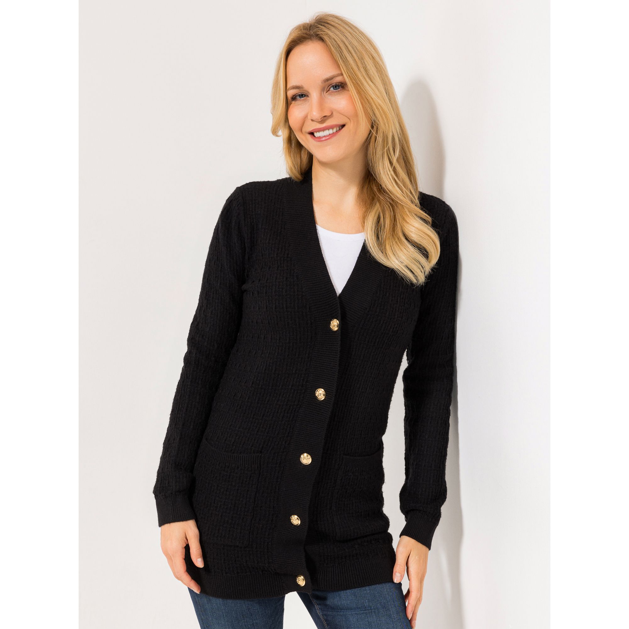 ANNI FOR FRIENDS Longcardigan Knopfleiste aufgesetzte Taschen figurumspielend