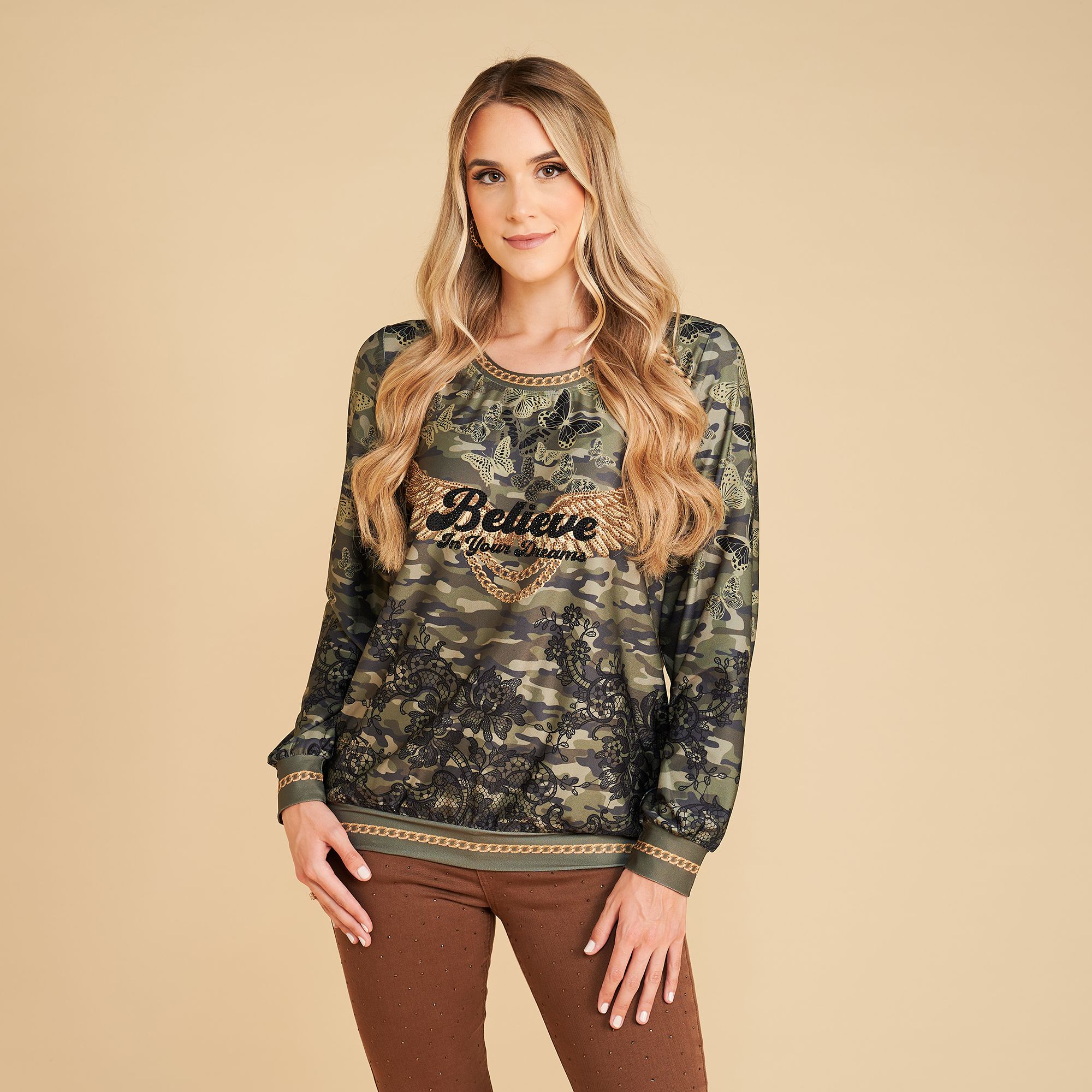 SCHIFFHAUER MUNICH® Sweatshirt, 1/1 Arm Rundhalsausschnitt Strasssteinbesatz leger weit