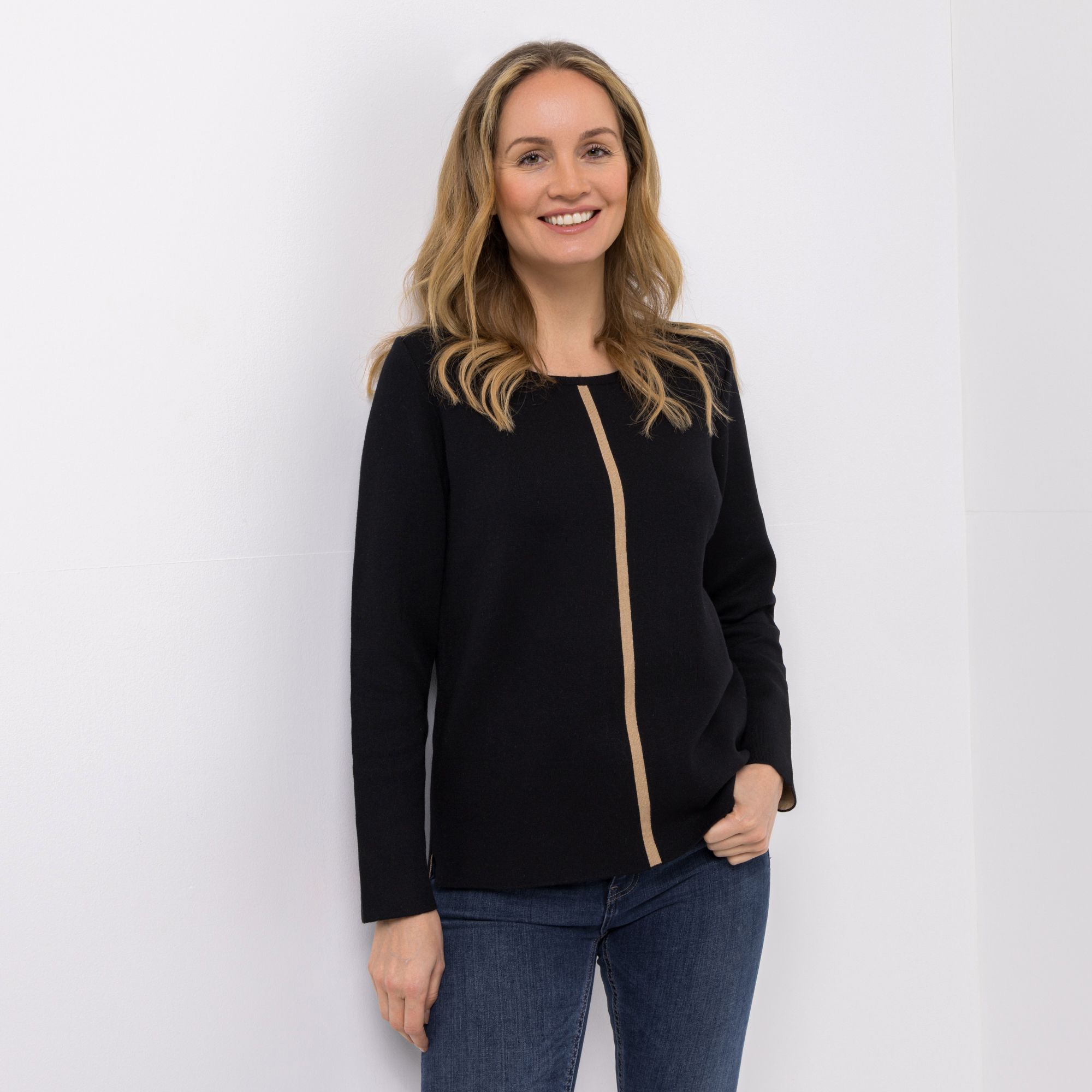 DINE 'N' DANCE Pullover, 1/1-Arm Rundhalsausschnitt Kontraststreifen figurumspielend