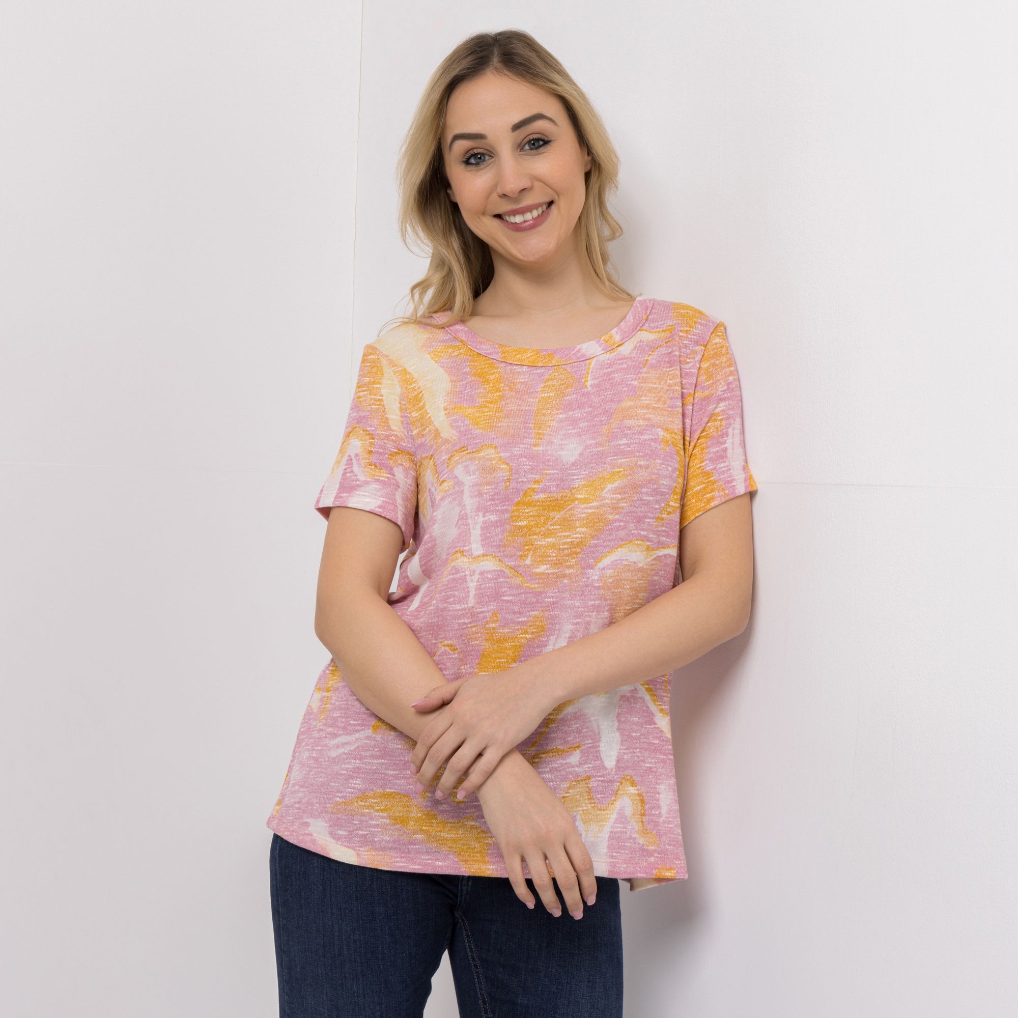 KIM & CO. Shirt, kurzer 1/2-Arm Leichtstrick-Optik Rundhalsausschnitt figurumspielend