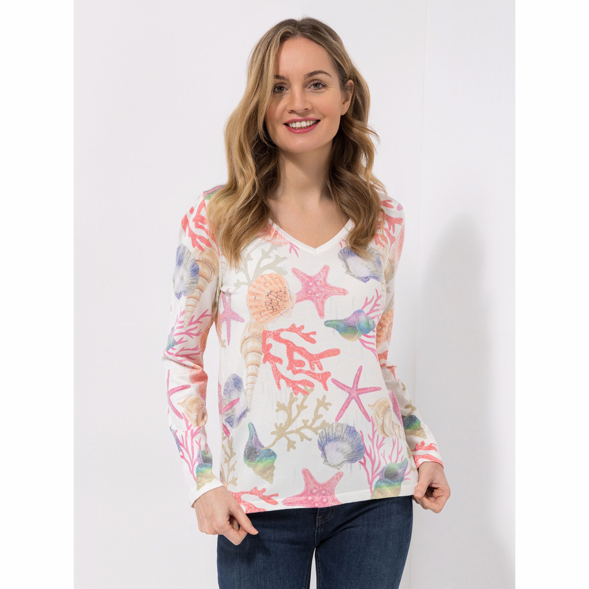 DINE 'N' DANCE Pullover, 1/1-Arm V-Ausschnitt Allover-Druck figurumspielend