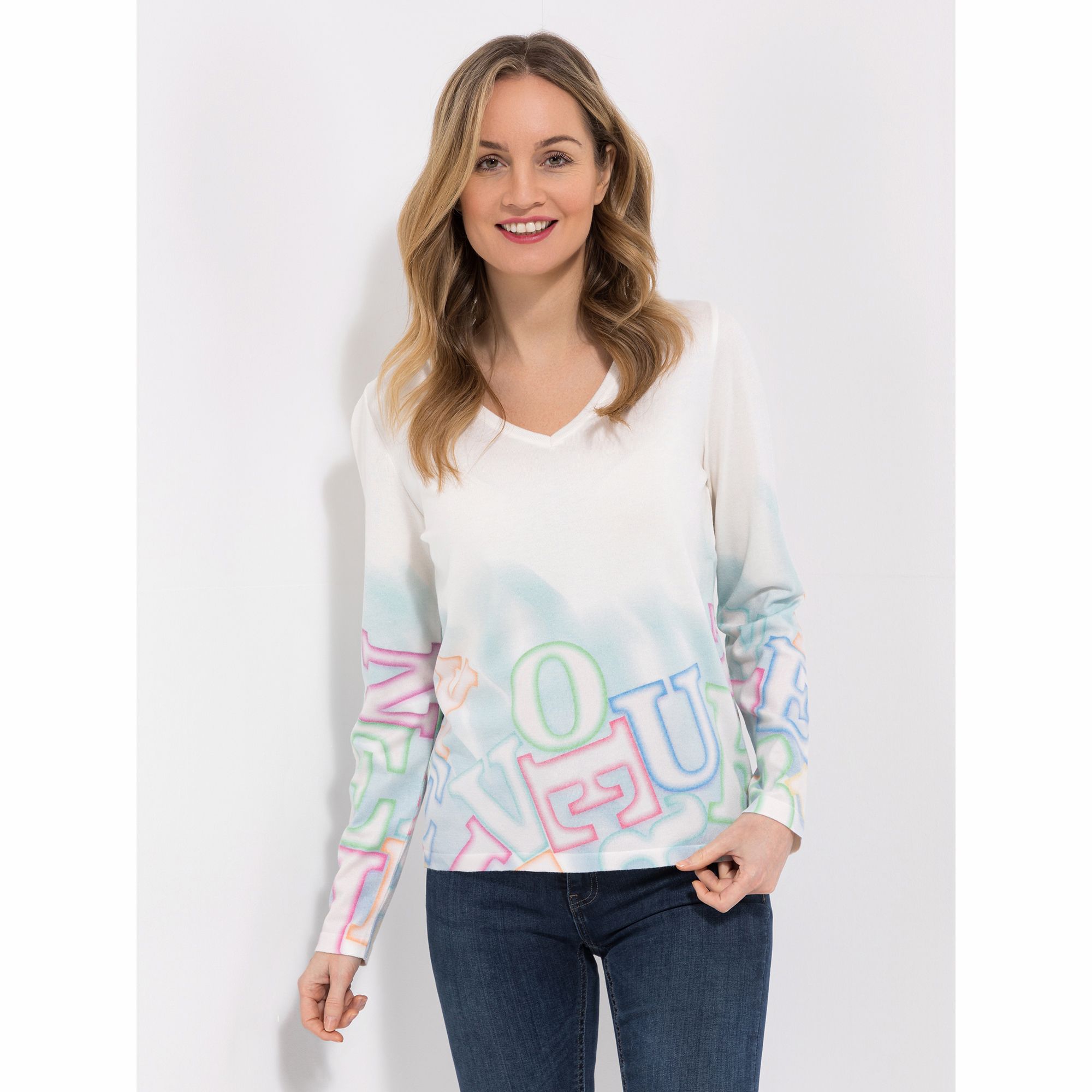 DINE 'N' DANCE Pullover, 1/1-Arm V-Ausschnitt Allover-Druck figurumspielend