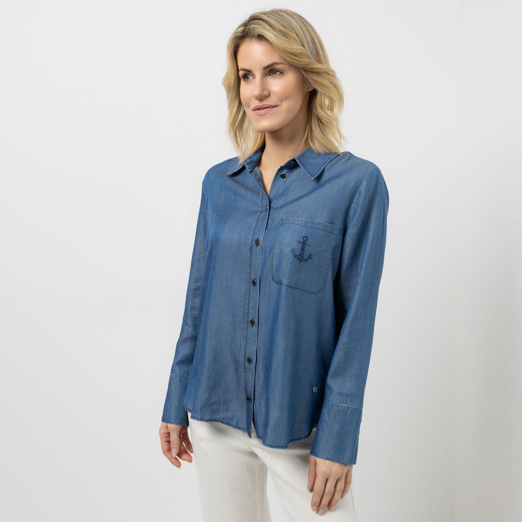 STRANDFEIN Bluse, Lyocell Knopfleiste Strass-Anker leger weit