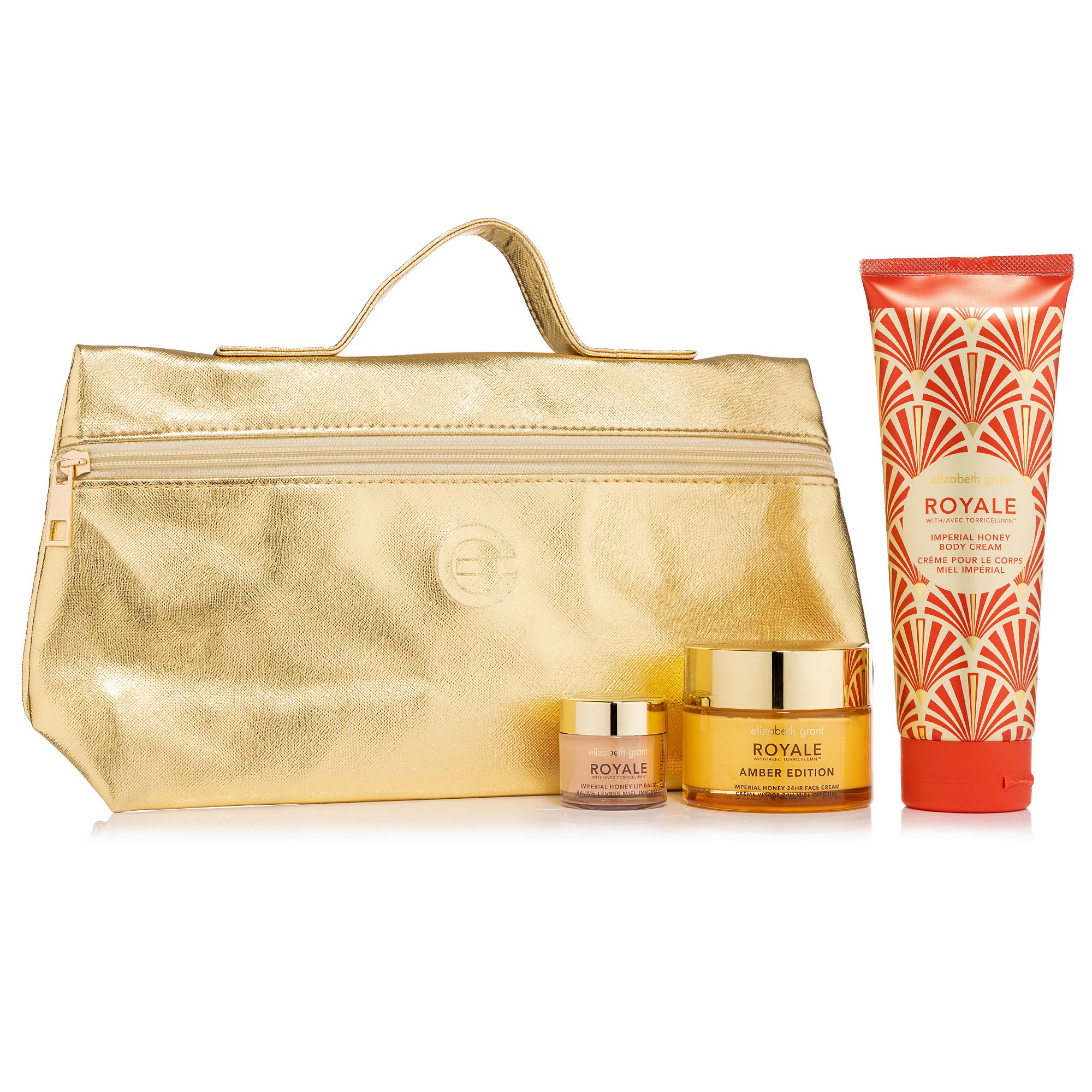 ELIZABETH GRANT Royale Imperial Honey 24H Cream 100ml,Body Cream 240ml,Lip Balm 20ml, Kosmetiktasche