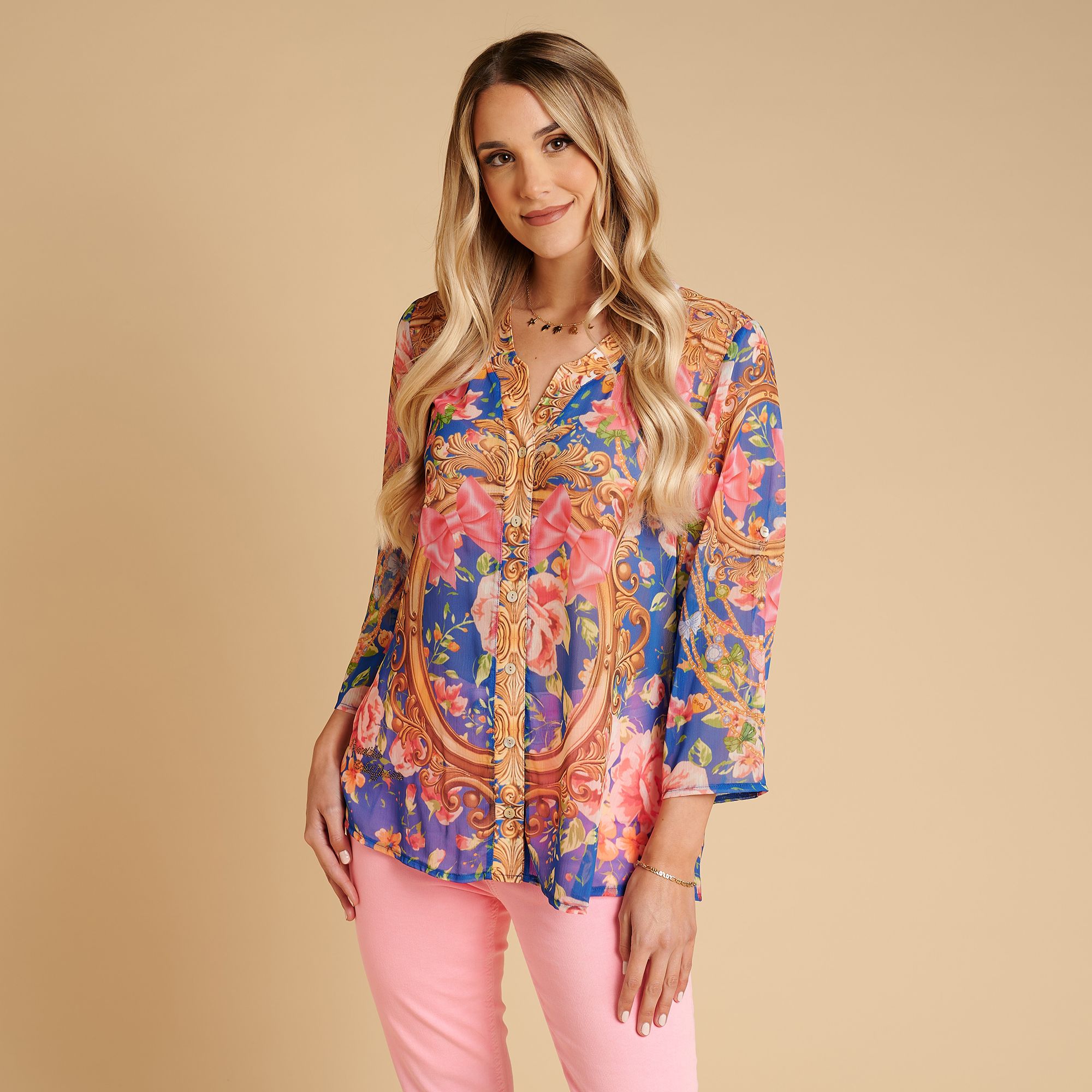 SCHIFFHAUER MUNICH® Bluse, 3/4 Arm Knopfleiste Strasssteinbesatz leger weit