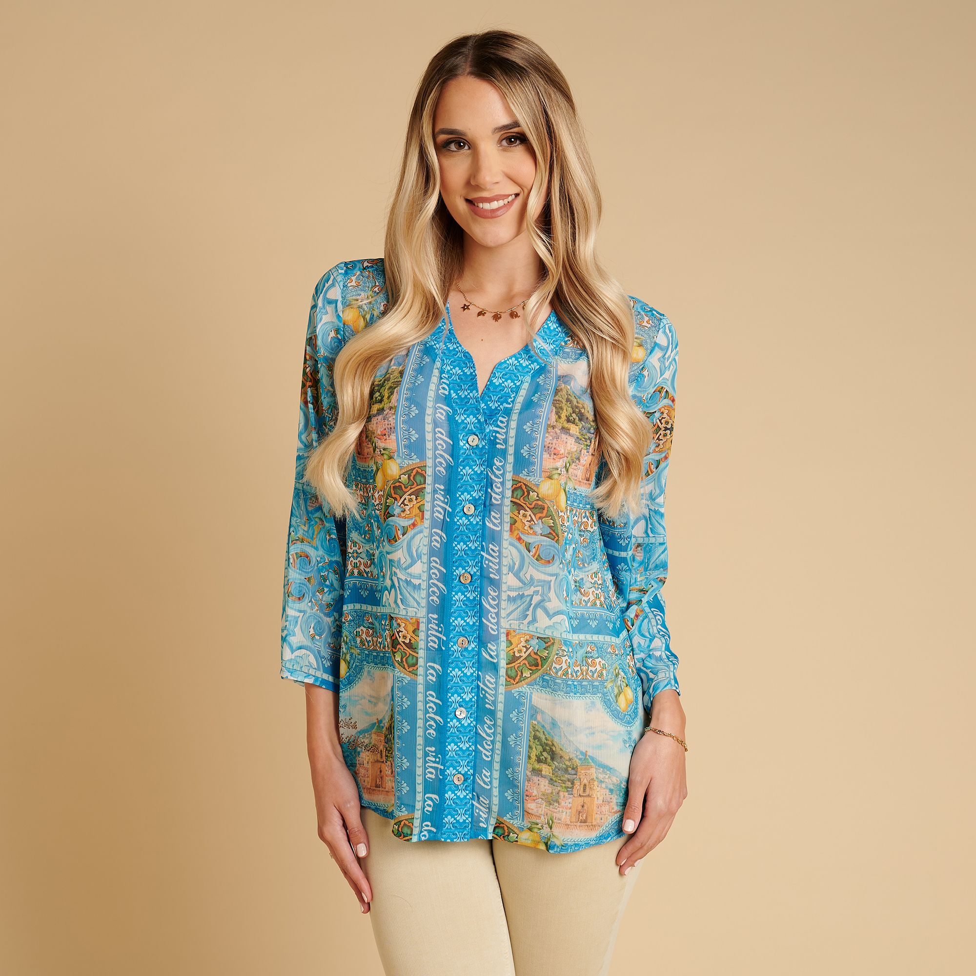 SCHIFFHAUER MUNICH® Bluse, 3/4 Arm Knopfleiste Strasssteinbesatz leger weit